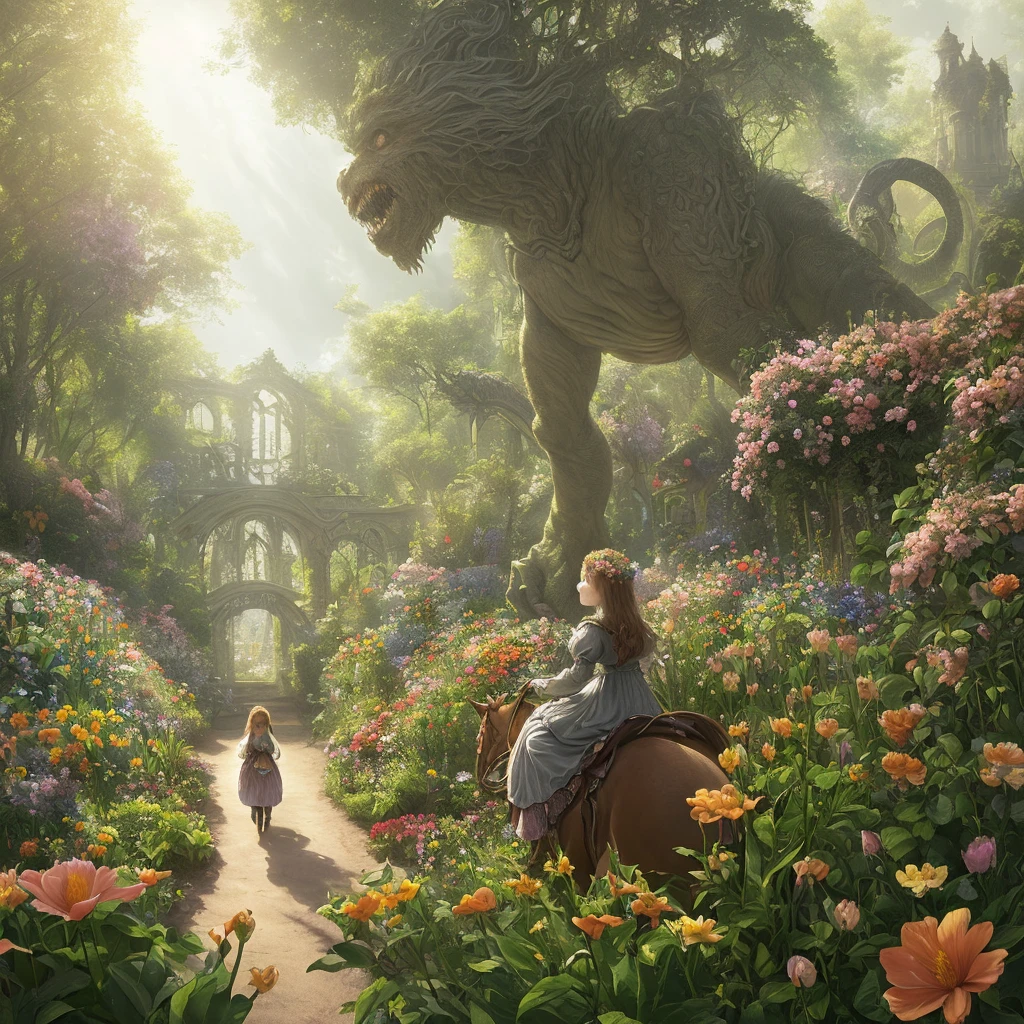 (extremely detailed CG unity photorealistic rendering, pre-raphaelite inspired art style),((1little girl) riding on the back of the (terrifying monster of the flower garden)),(vividly blooming flower garden),fantasy ambiance, dramatic composition,fog, backlit hair, sunbeams, arches, portrait