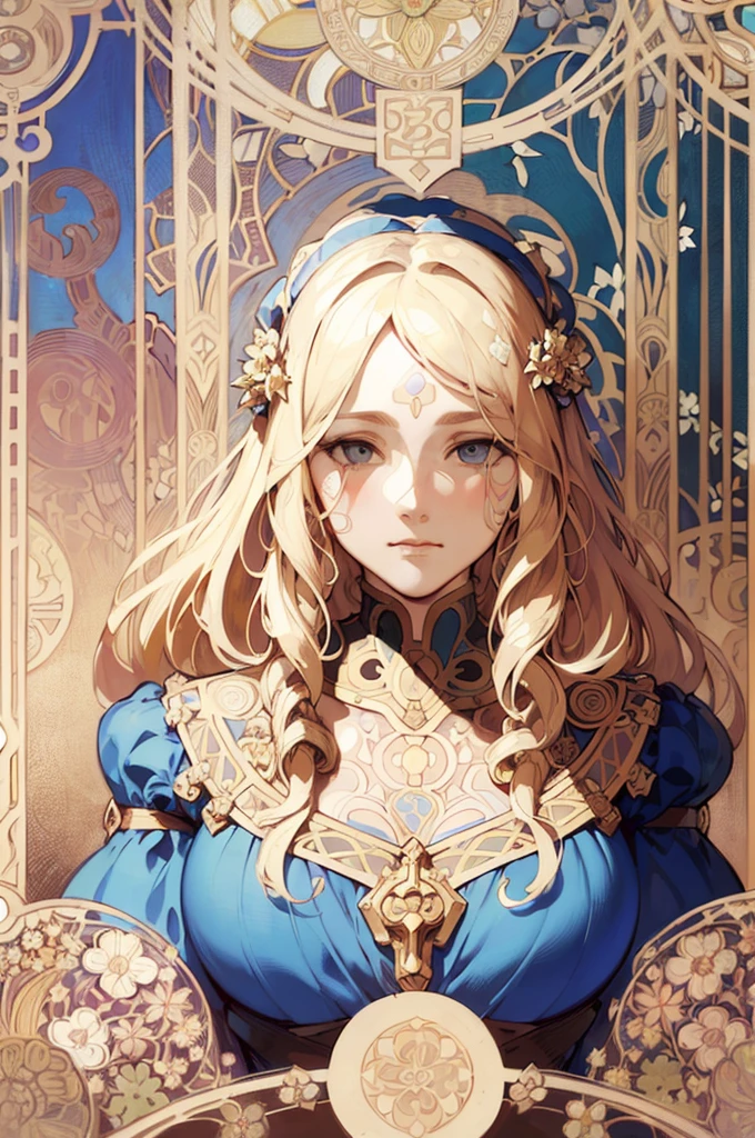face portrait of a European female , long curly hair, blond, floral frame, Decorative panels, abstract
artistic, by Alphonse Mucha
(Masterpiece, Best Quality, Highres:1.4), Detailed, Intricate Details, 4K, color splashes, line art, fibonacci,