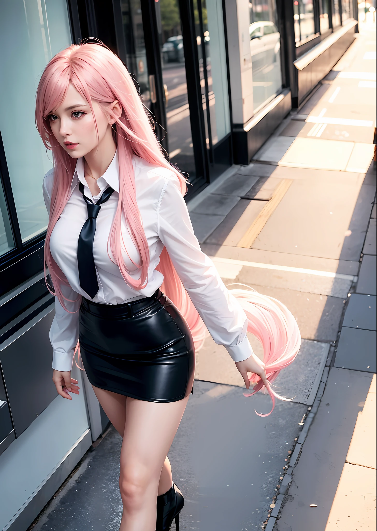 beautiful business woman, pink long hair, walking and looking to the distant, looking away from viewer, tight mini skirt, black leather skirt, high heels, tie, thick thighs, open shirt, show cleavage, sexy legs, beautiful legs, shinny legs, elegant legs, elegant woman, beautiful eyes, pink contacts, sexy cleavage