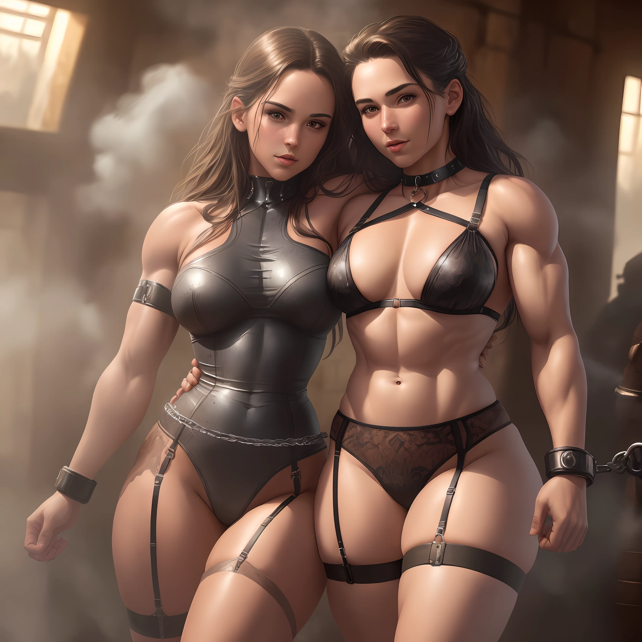 (full art, high quality, ultra-detailed 4k, 9k), (latext garter belt), (cuffed cuffs), (armpit), (tanned, muscular body, proportional), (woman in steamhouse), hyper-realistic painting, trending on Artstation, 8K, amazing shadows, realistic, (highly detailed background: 1.2), mid-journey art, (cuffed fists), (armpit), holding a friend on a leash