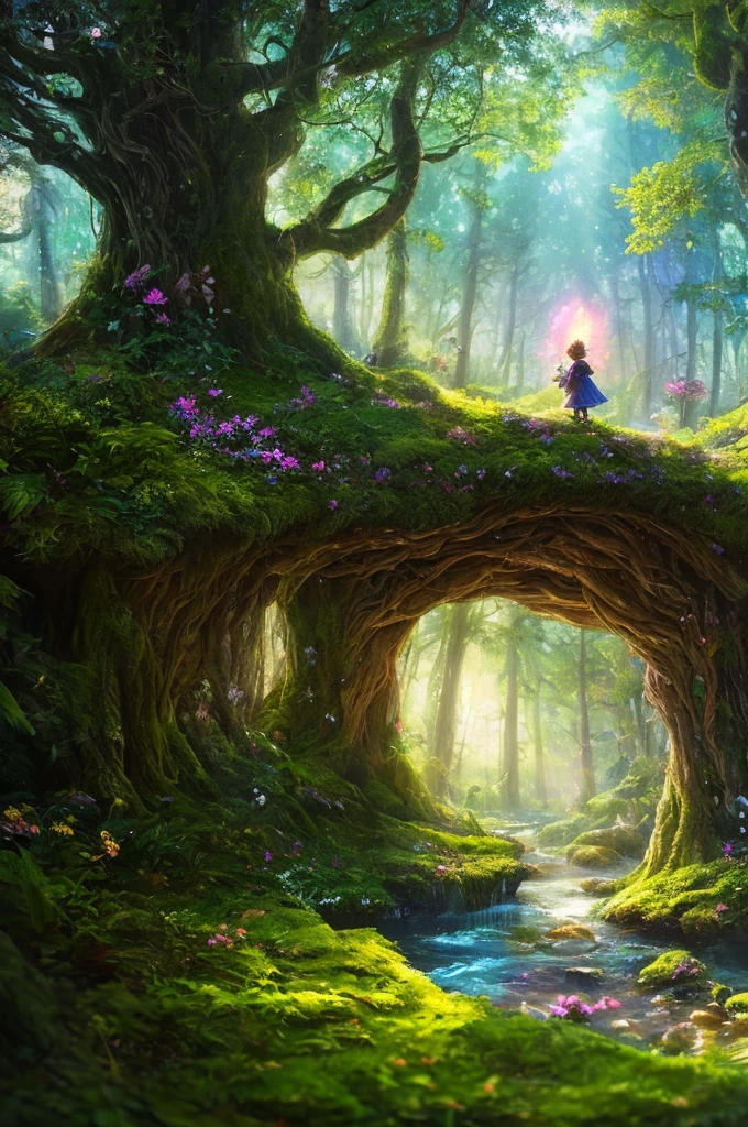 Masterpiece, best quality, high quality, extremely detailed CG unity 8k wallpaper, enchanting dreamy scene of fantasy forest, towering trees, glowing mushrooms and hidden fairy canyons, creating a feeling of mystery and fascination, artstation, digital illustration , intricate, trending, pastel colors, oil painting, award winning photography, bokeh, depth of field, HDR, bloom, chromatic aberration, photorealism, very detailed, artstation trends, CGsociety trends, complex, high detail, dramatic, midjourney art, a little boy Brave and fierce, the little boy fights the evil forces with divine power in the enchanted forest,