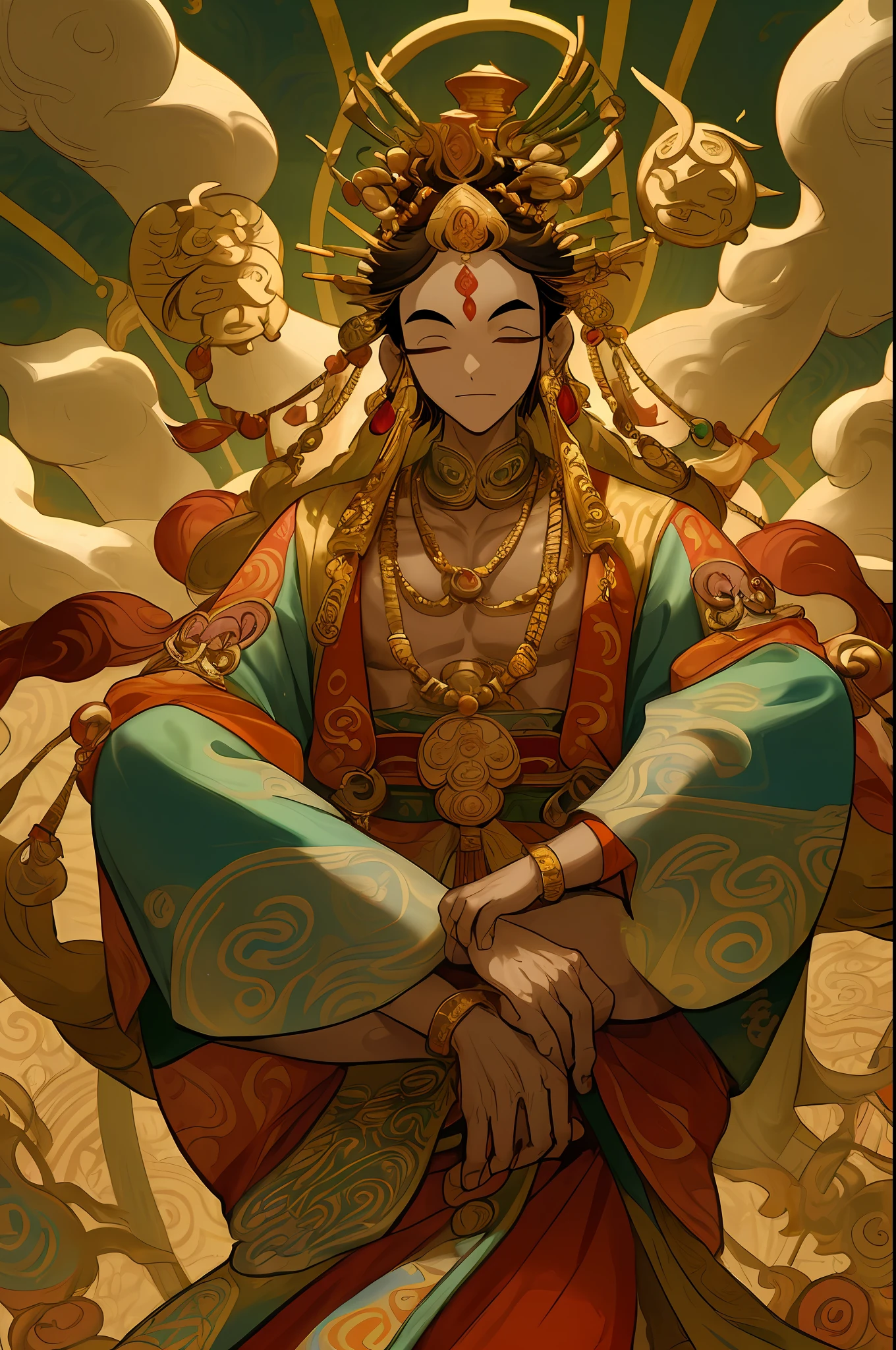 Inspired by the Dunhuang Flying Apsaras mural, an ancient Chinese deity wearing a golden crown adorned with auspicious jewels and ornaments. He often writes blessing on his forehead, holding a lucky bag full of wealth, accompanied by treasures, gold ingots, Mogao Grottoes art, ink painting, cgstation popular