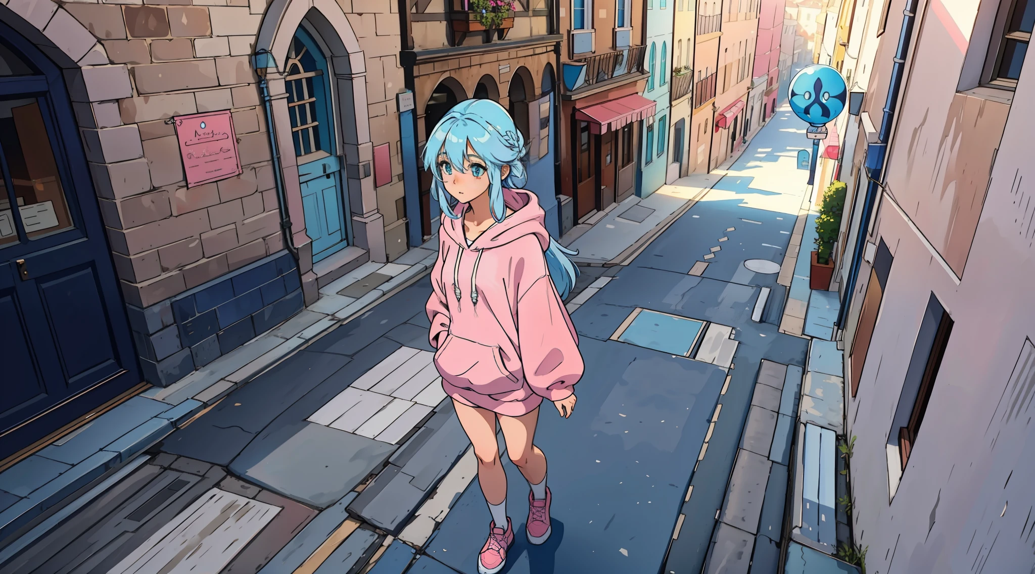 Masterpiece, best quality a girl with light blue long hair and a soft pink hoodie wandering around a big medieval city, aerial view —v 6