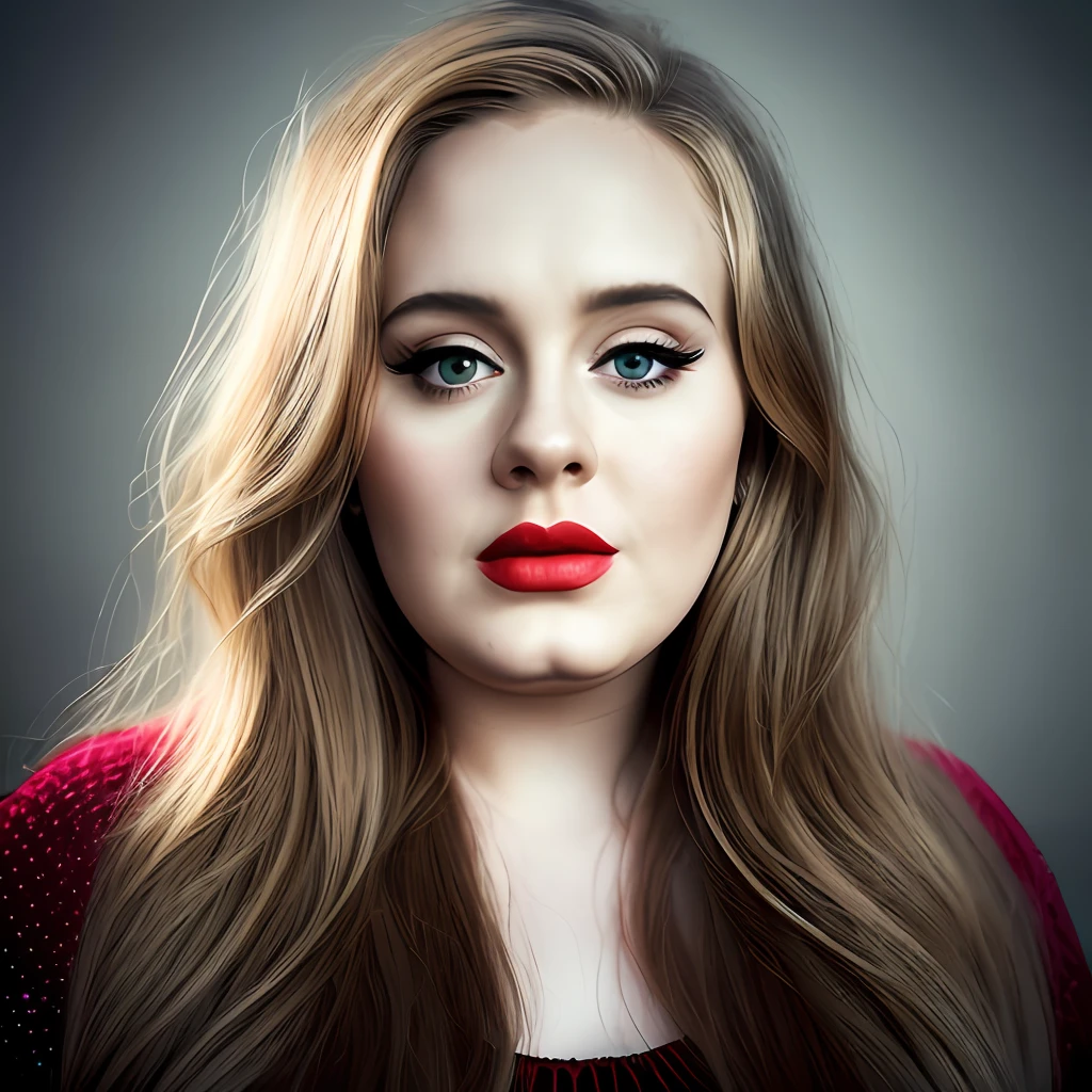 Adele, small head, fat, round chin, long hair, heavy makeup, red lips, background light neon gradient, front face, original analog style, charming eyes, attractive expression. The background should be neutral and simple, paying close attention to details such as the highlights and shadows on his face and hair to create a realistic and realistic image. Experiment with different lighting techniques to enhance the mood and mood of your portraits. Highly detailed skin, skin detail, sharp focus, volumetric fog, 8k uhd, dslr, high quality, film grain, fujifilm xt3, (best quality: 1.4), (masterpiece: 1.4), (detail: 1.3)