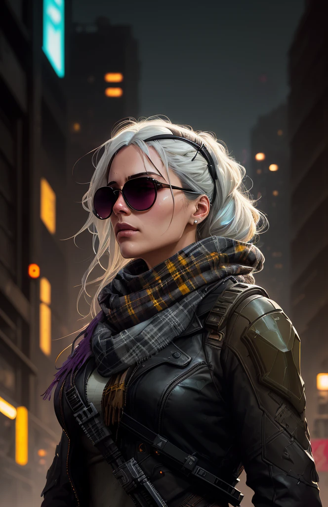 (dark shot:1.1), epic realistic, portrait of halo, sunglasses, blue eyes, tartan scarf, white hair by atey ghailan, by greg rutkowski, by greg tocchini, by james gilleard, by joe fenton, by kaethe butcher, gradient yellow, black, brown and magenta color scheme, grunge aesthetic!!! graffiti tag wall background, art by greg rutkowski and artgerm, soft cinematic light, adobe lightroom, photolab, hdr, intricate, highly detailed, (depth of field:1.4), faded, (neutral colors:1.2), (hdr:1.4), (muted colors:1.2), hyperdetailed, (artstation:1.4), cinematic, warm lights, dramatic light, (intricate details:1.1), complex background, (rutkowski:0.66), (teal and orange:0.4)