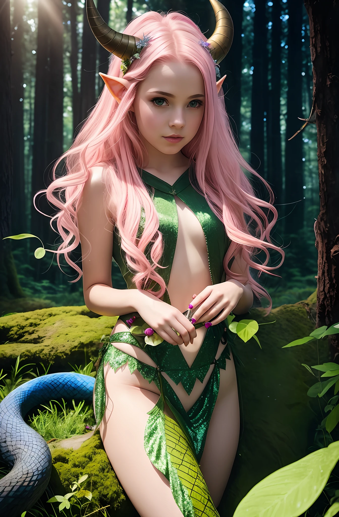 there is a woman with pink hair and horns posing in a forest, fantasy photoshoot, very beautiful elven top model, elf girl, portrait of very beautiful elf, forest fairy, forest fae, beautiful elven princess, elven princess, beautiful pink little alien girl, elf princess, a sexy maid in a magical forest, goddess of the forest, fantasy character photo