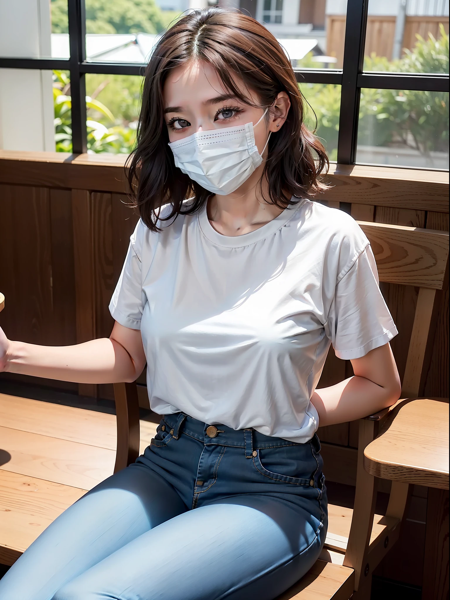 Best quality, masterpiece, super high resolution, (photorealistic: 1.4), raw photo, 1 girl, low key, cold light, wearing black mask, Japanese, cute, bob hair, white t-shirt, skinny denim pants, selfie, in the cafe, sitting chair