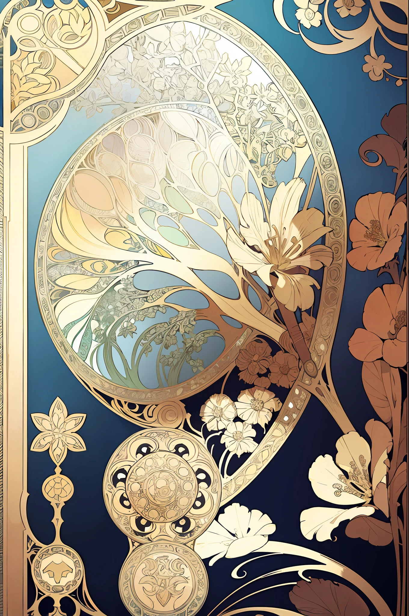 Floral frame, decorative panel, abstract art, by Alphonse Mucha (masterpiece, top quality, high resolution: 1.4), detailed, intricately detailed, 4K, color splash, line art, Fibonacci
