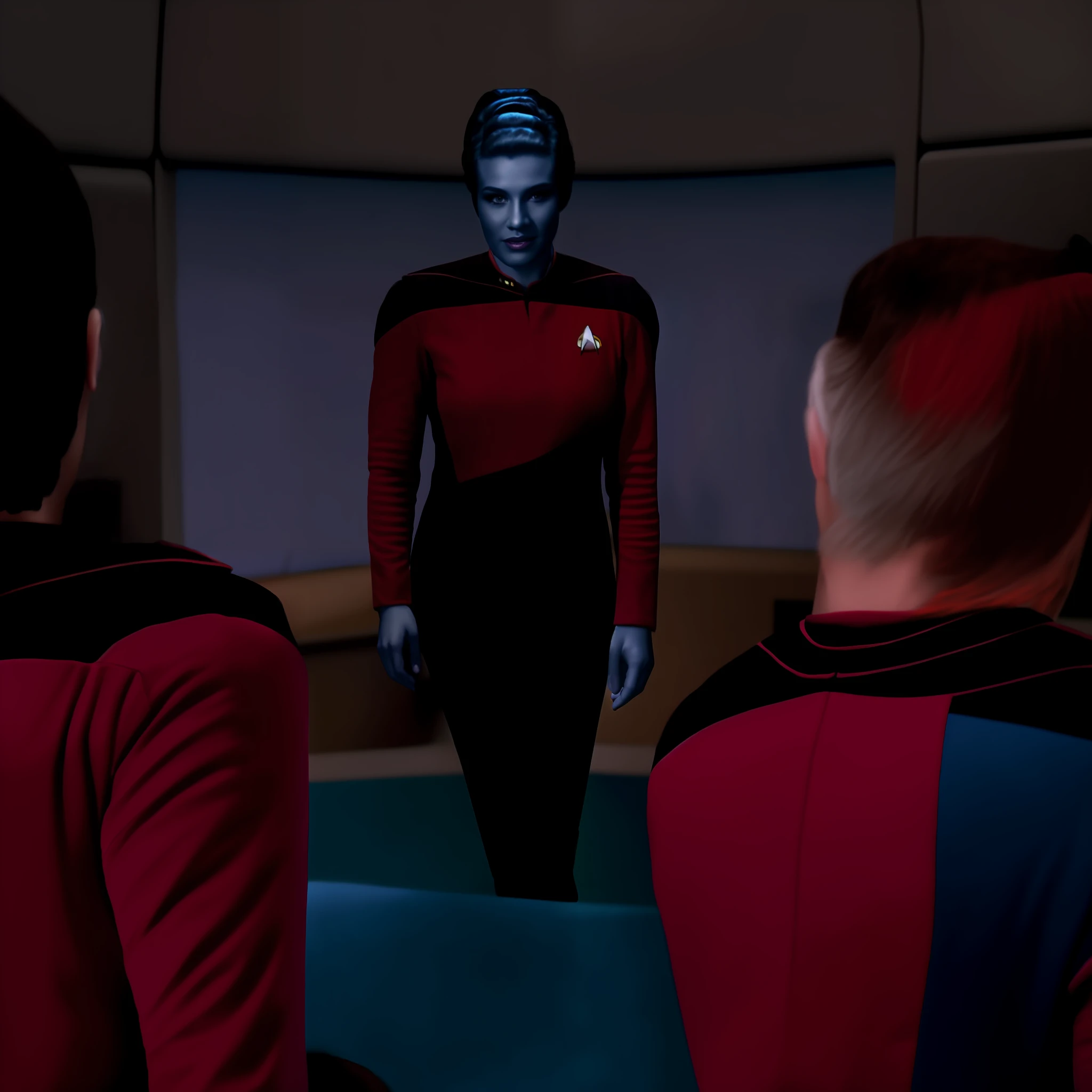 high quality photorealistic painting of a blue chiss  woman in a red commander  starfleet uniform