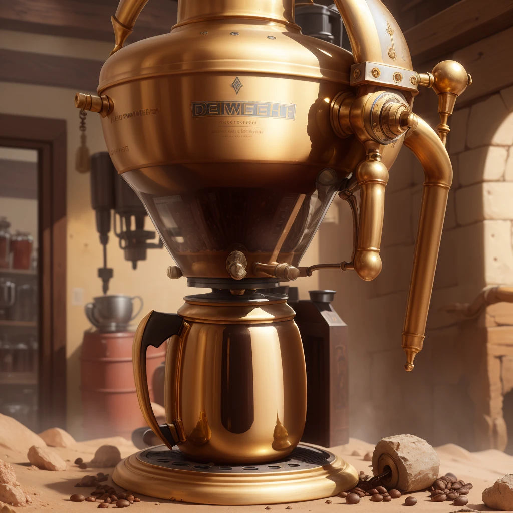 dwemertech,ancient   ,coffee machine , detailed background,brass