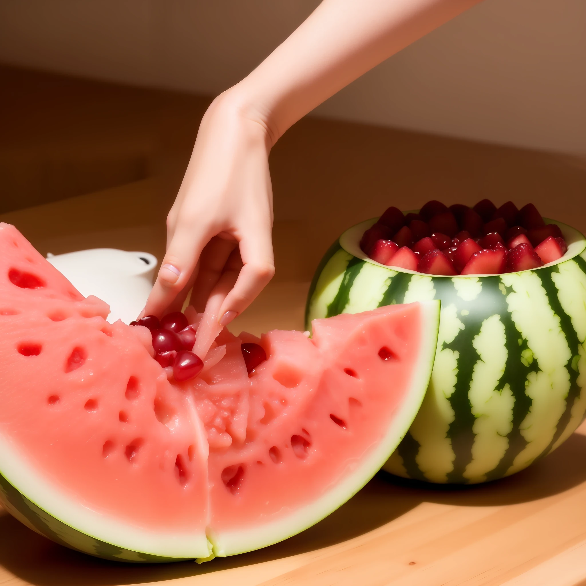 an image that conveys the concept of natural ingredients and pleasure. You could use a combination of fresh fruits, such as watermelon, pomegranate, or ginseng roots, arranged artistically