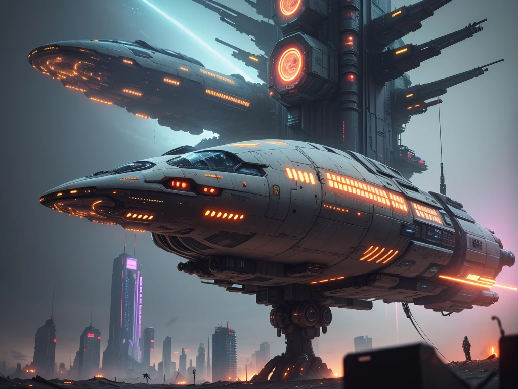(((Cyberpunk futuristic spaceship))) orbiting a field of burned trees. Beautiful cyber engines. ((Compact and efficient ship::0.8)).