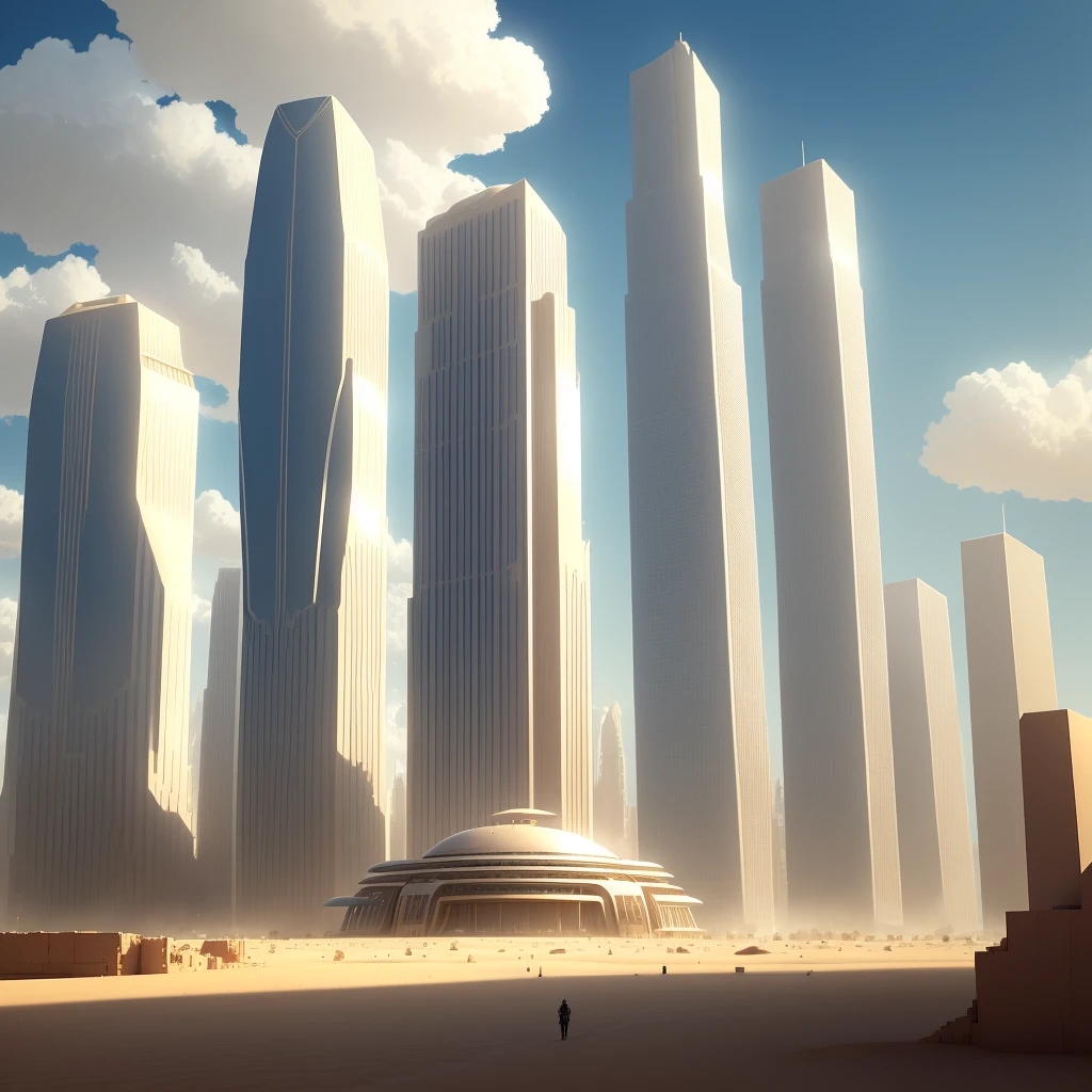 1 city: city devastated by a disaster, with destroyed buildings and some still habitable, semi-desert climate, sand grains by the wind, with only one futuristic building in the background untouched.