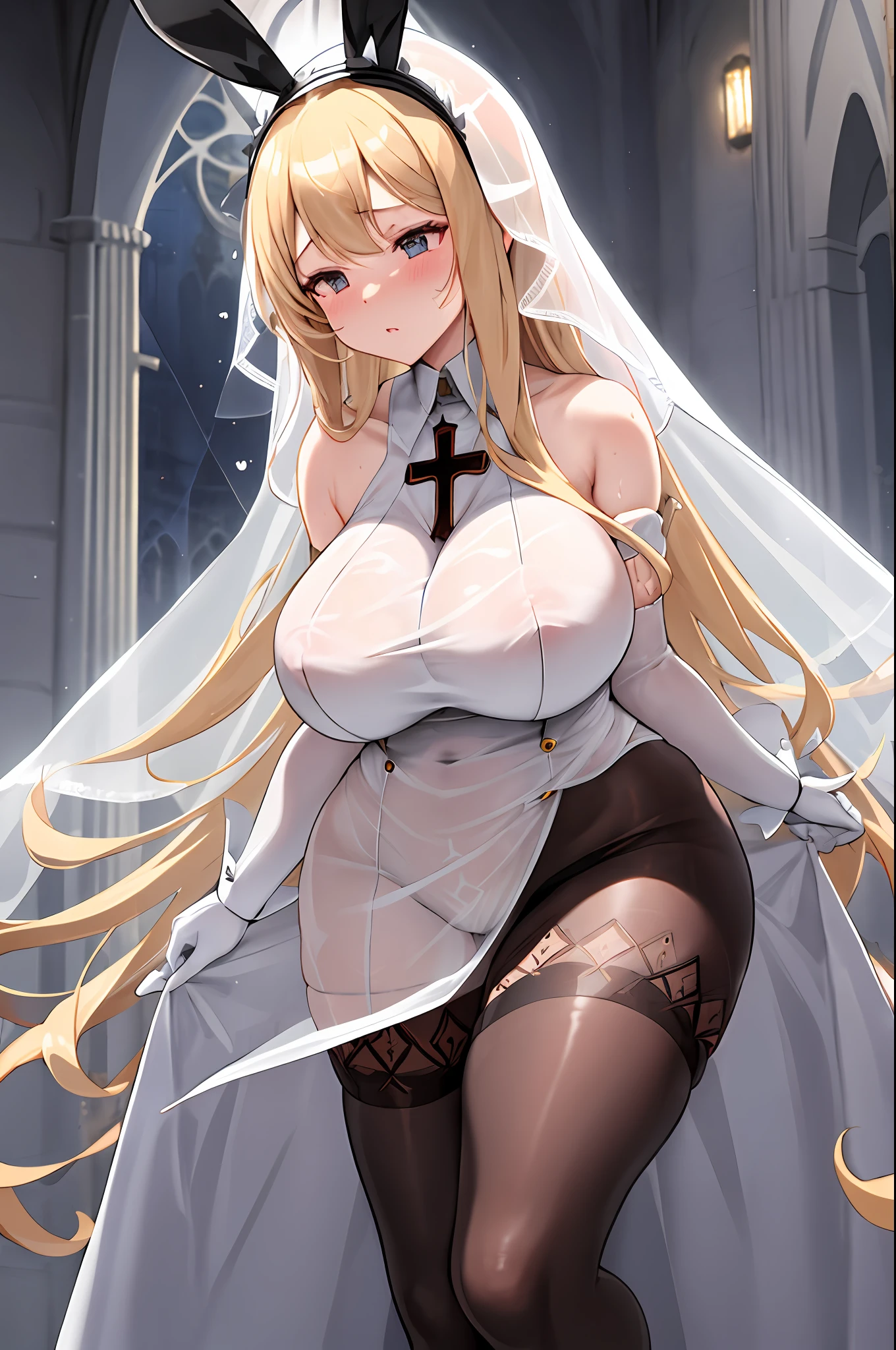 Emphasized woman Long blond hair Sensitive eyes Clergy Standing glass Filled with white steam Bent forward Veil Cross Geometric mesh pattern Translucent underwear Church Single woman Standing figure Black sister veil Black tights Black bunny ears Plump older sister Worried face Plump Thick thighs, deep slits, straight long hair, stent glass cross, mysterious eros, see-through, stuffy steam, smell of sweat, good smell, whip thighs, whipped breasts, whipped buttocks, whip armpits, puffy areolas, plump bunny girl, bodycon, mesh pattern, church, translucent, geometric mesh pattern, heart put a sticker on one&#39;s chest