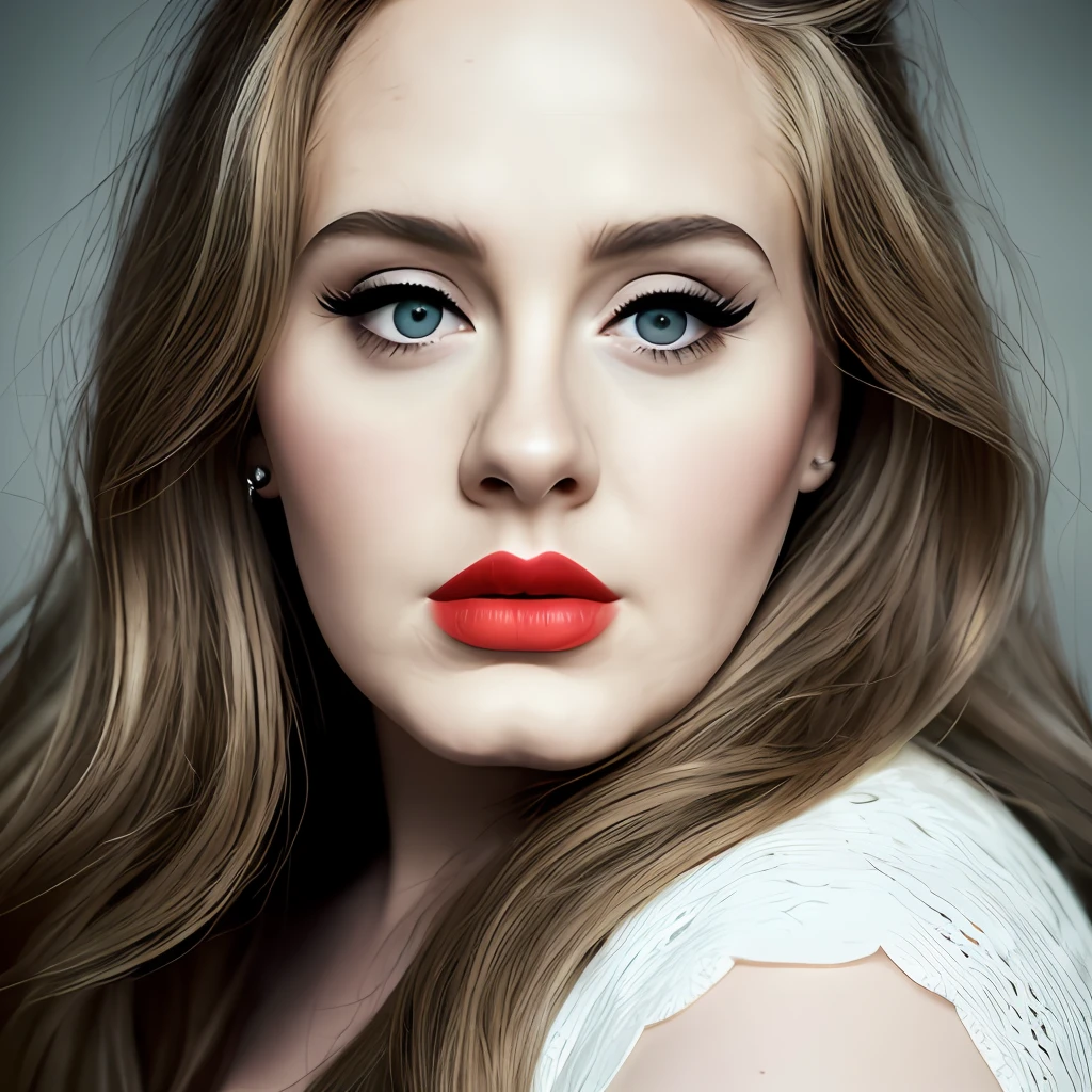 Adele, front view, small head, fat, round chin, long hair, heavy makeup, light red lips, light neon gradient background, original analog style, charming eyes, charming expression. The background should be neutral and simple, paying close attention to details such as the highlights and shadows on his face and hair to create a realistic and realistic image. Experiment with different lighting techniques to enhance the mood and mood of your portraits. Highly detailed skin, skin detail, sharp focus, volumetric fog, 8k uhd, dslr, high quality, film grain, fujifilm xt3, (best quality: 1.4), (masterpiece: 1.4), (detail: 1.3)
