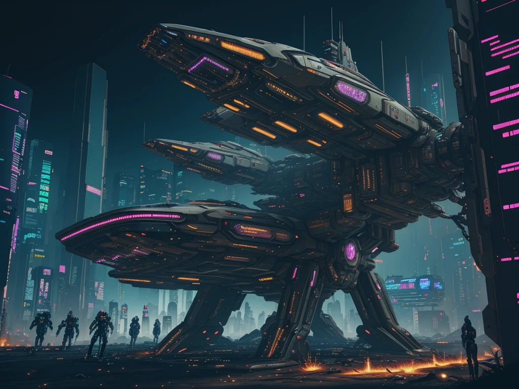 (((Cyberpunk futuristic spaceship))) orbiting a field of burned trees. Beautiful cyber engines. ((Compact and efficient ship::0.8)).