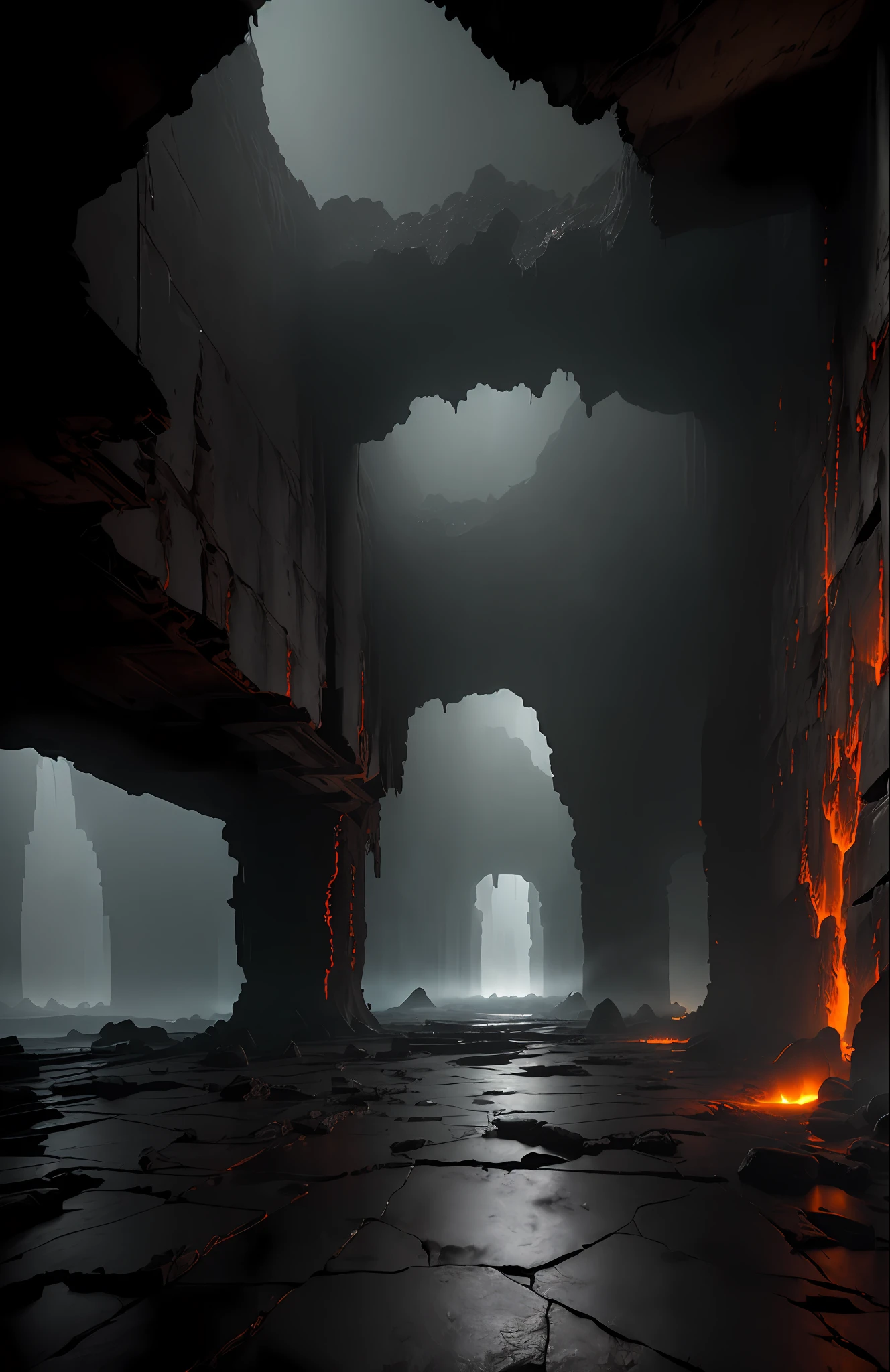masterpiece), vast ancient dungeon, (dilapidated scenery), (unreal engine rendering, photorealistic, photorealistic:1.2), (mysterious), (concrete walls), (cracks), (volumetric fog), (black fog) , (night) , (flows of magma and lava from the walls), (floor in magma fissures)