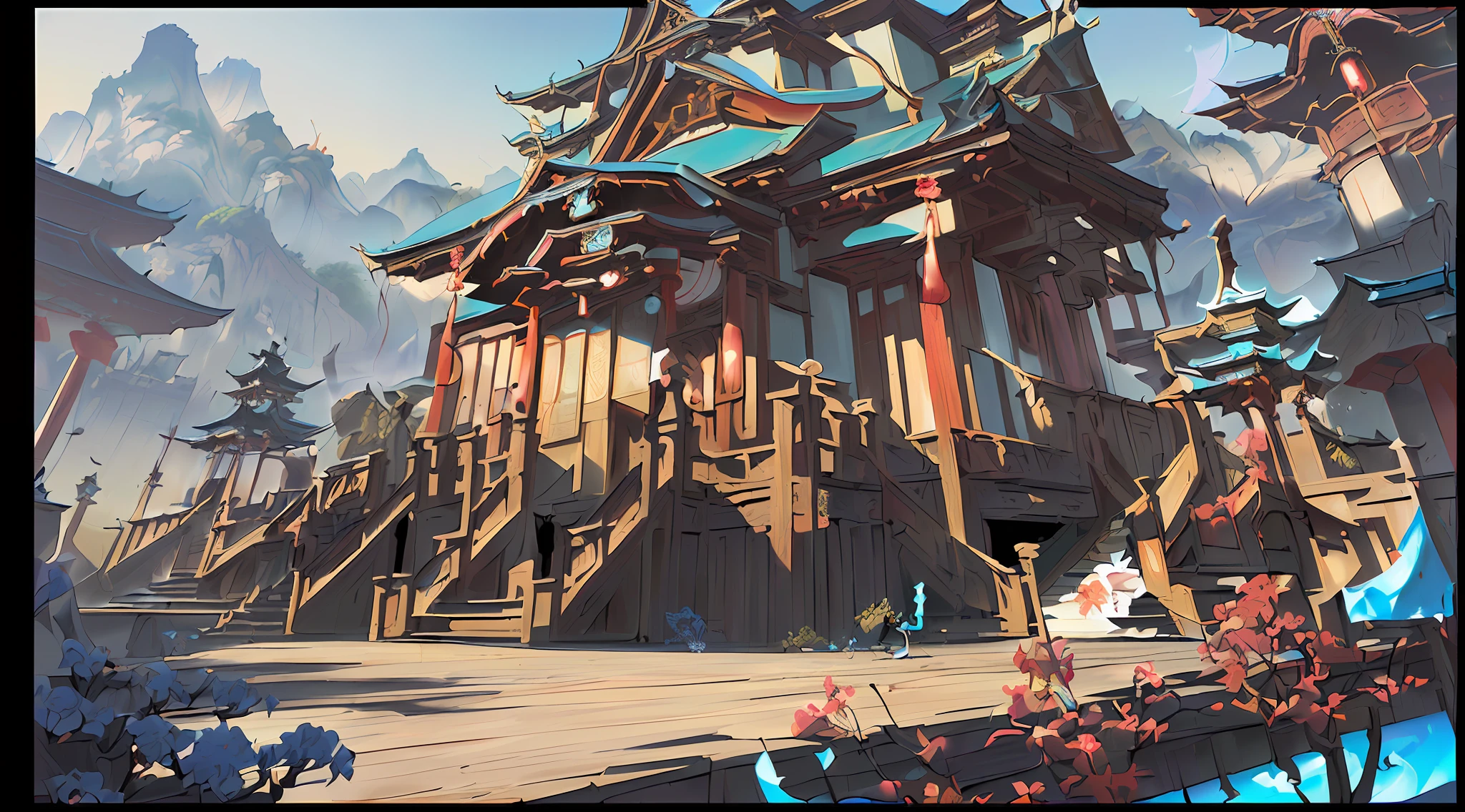 ((masterpiece, best quality, official art, unity 8k wallpaper, absurd, high resolution, (1girl: 1.4), looking to the future, (breathtaking scenery: 1.2), natural wonders, serene vistas, outdoor adventures, ( Diverse ecosystem: 1.2), beautiful scenery, trees, Chinese palace, flowers, bridges, fences, birds, ancient Chinese architecture, traditional Japanese concept art, concept art style, detailed 2d illustration, concept art, concept art, Ultra detailed colorful lowpoly art, concept art style, concept art for video games, 2d concept art, concept art illustration, (intricate details), (intricate design, ultra detail: 1.2), art station, (masterpiece, best quality), UHD, 32k, high resolution, extreme detail, Chinese palace, original painting, illustration, Japanese temple, Chinese temple, (((architecture))), immaculately beautiful, stunning architecture, carved beams and painted buildings, beautiful scenery, inspiration From Jin Yong martial arts, sunshine, the original painting of the game scene, Ghibli style, clean color, decisive cutting, blank space, realism, complete architecture, epic composition