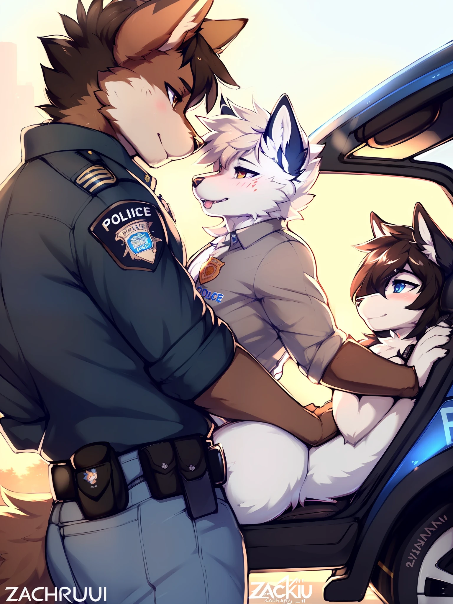 by zackary911, (coffeesoda:1.1), hioshiru, zackary911, police officer taking out a bigger wolf out of their car, duo, giant, large driver, very short and small police officer,