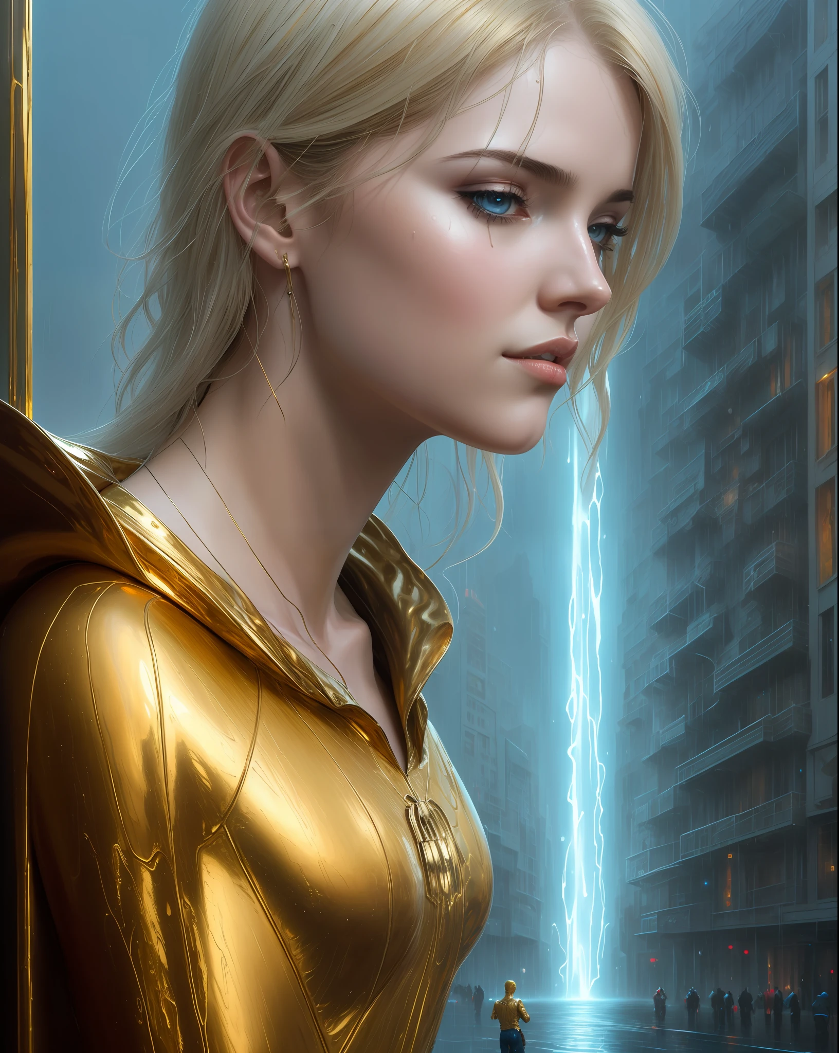 Gold and white, Spider-Man, Dripping Filler, Heavy Rain, Amazing, Very Detailed, Trends on ArtStation, Unreal Engine 4K, Stanley Artgerm Lau movie wallpaper, Wlop, Rosslaughter, James Jean, Andrei Riaboritchev, Marc Simonetti, Yoshitaka Amano. James Jean and Gustav Klimt's background, Julie Bell's lights, 4k, porcelain, zdislaw beksinski style, details, 8k, dynamic lighting, white color difference, wet