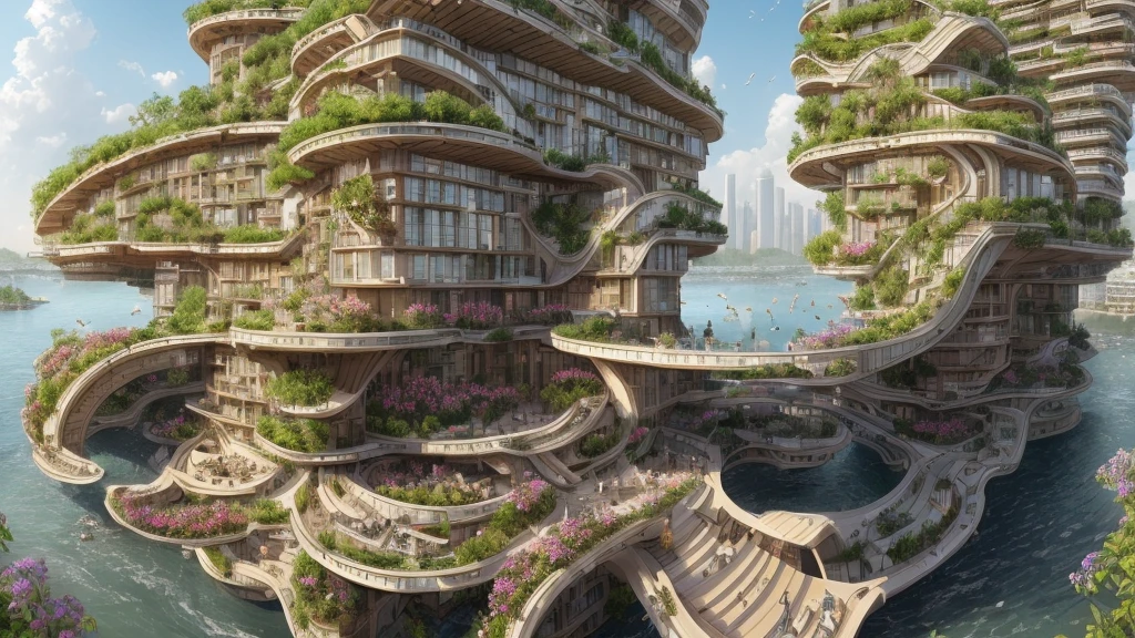 (masterpiece), ultra high detail, complex bacground, synny day, eco-friendly city of the future, high-rise glass buildings surrounded by water, greenery on balconies and rooftops, labyrinths of stairs, bridges between buildings, flying vehicles, white flowers on balconies, golden, red flowers on balconies, lavander on balconies, super high resolution, 8k, hd