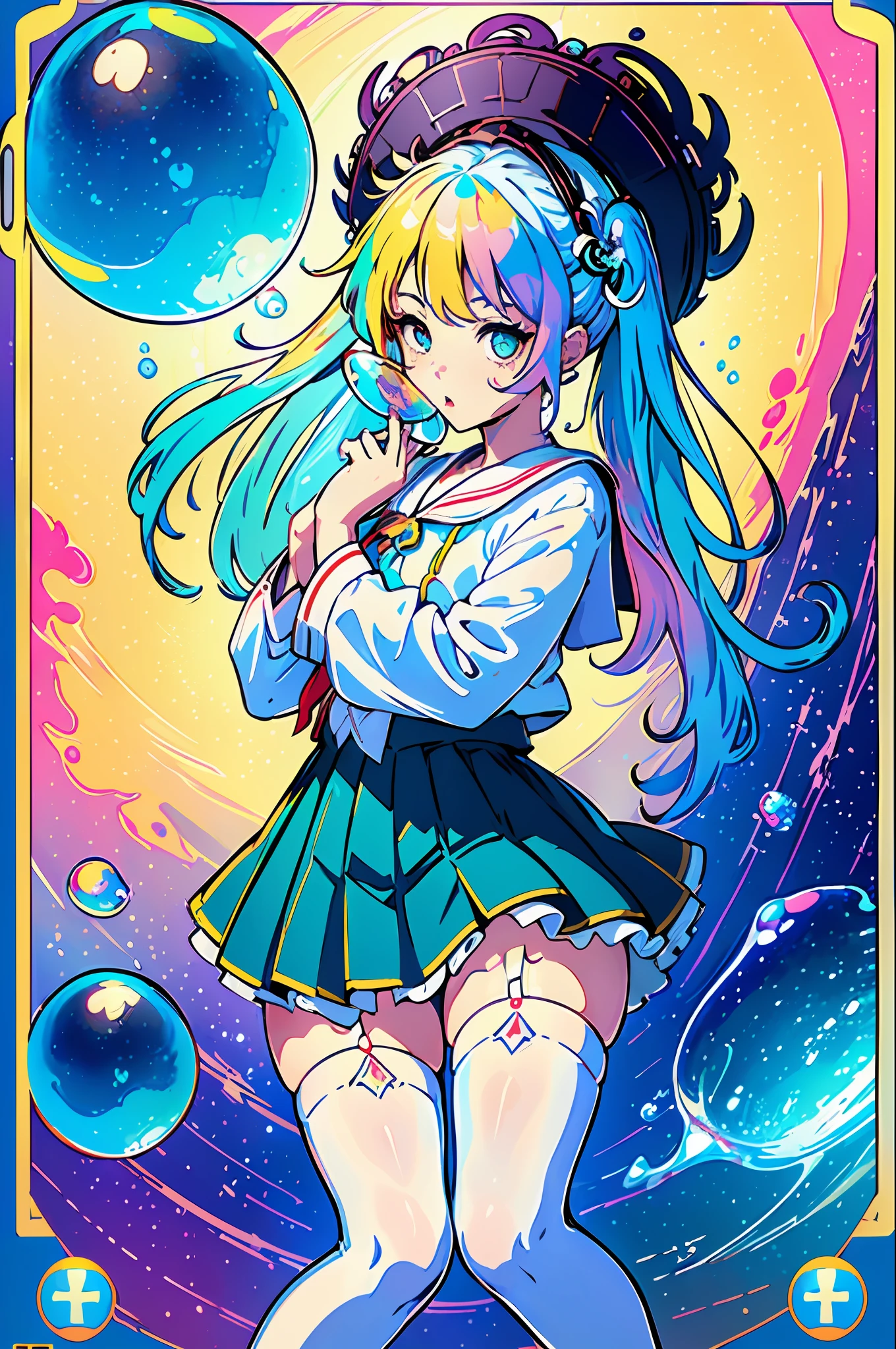 (masterpiece), (best quality), (official art, extremely detailed CG unity 8k wallpaper), (highly detailed), ((absurdres)), 1girl, mid shot, (exquisite facial features),(serafuku:1.3) ((sfw)),((clear hands)), ((white thighhighs without shoes)),aqua eyes, color contact lenses, stars in the eyes, (((colorful bubble))), colourful glass, (album cover)