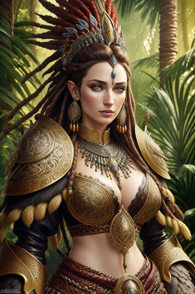 fantasy shaman, beautiful hungarian|indonesian woman, with dreadlocks, wearing ornate intricately decorated leather armor, realistic render, Dungeons and Dragons, Fantasy, octane render, zbrush. Character design, photorealistic, unreal engine, hyper-detailed, concept art, trending on art station. ((best quality)), ((masterpiece)), ((realistic)), (detailed), close up portrait, full body portrait, hazel eyes, wearing leather armor, highly detailed skin and hair, looking at the viewer, Fantasy art, stunning gradient colors, no watermark signature, closed mouth, detailed background, lush jungle, closed mouth, insanely detailed, ((masterpiece)), absurdres, HDR.