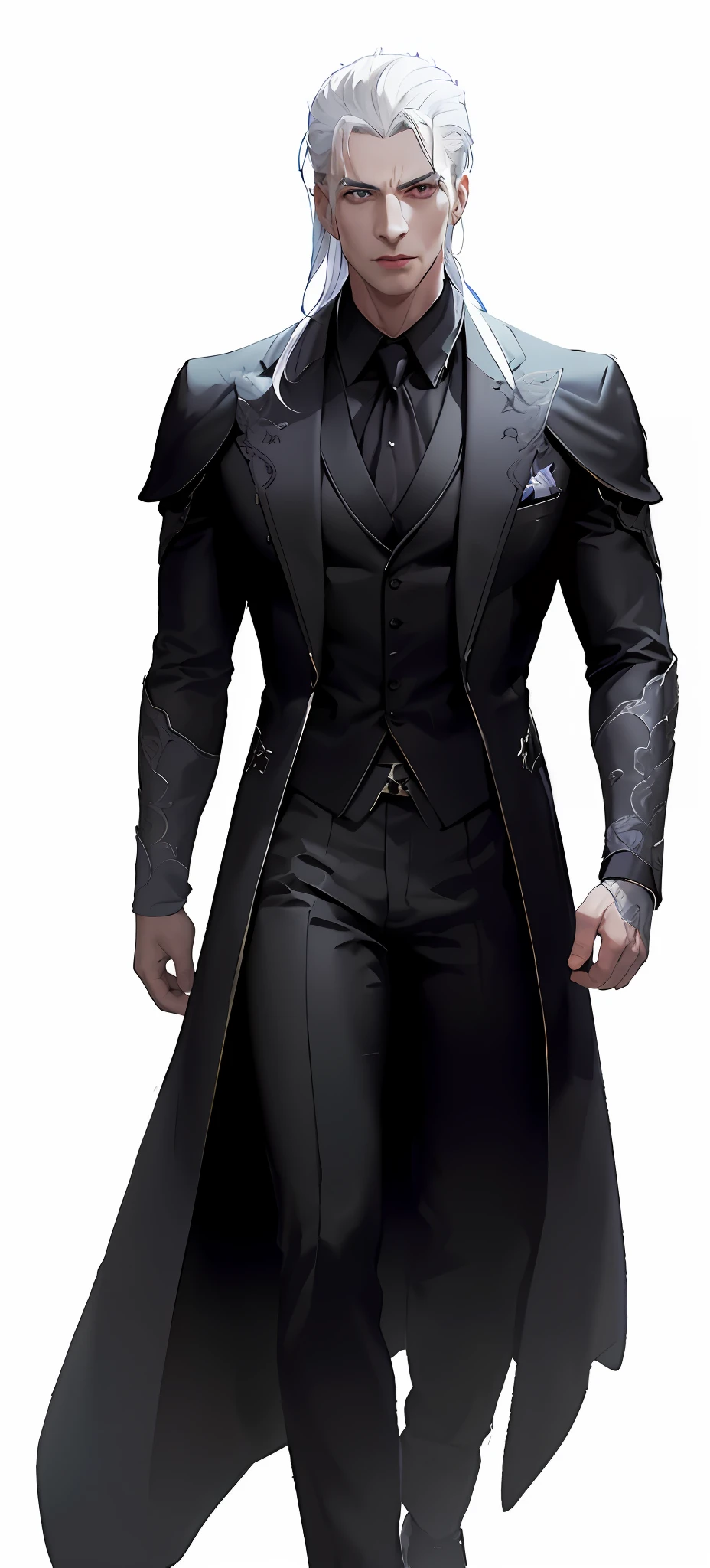 Closeup of a man in a black suit and white hair, Albert Wesker full body portrait, dark suit, wearing a black aristocratic suit, male character, complex suit, human male character art, ((character concept art)), official figure Art, full body detail, full body portrait, dnd rendering of a man, full body concept, (dark old castle background)