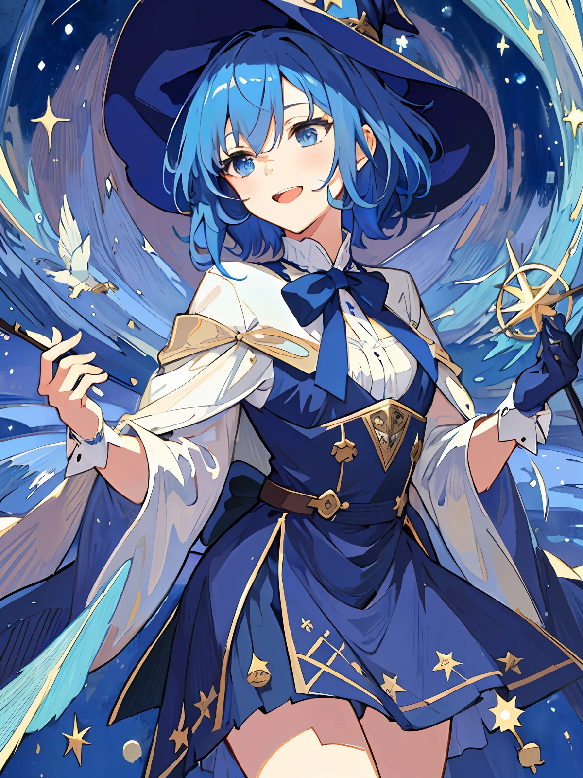 ((masterpiece:1.2, best quality)), 1girl, solo, (witch hat), a close up of a girl with short blue hair, short hair, dress, aurora, night, star (sky), gloves, sky, white dress, night sky, open mouth, starry sky, light blue eyes, ribbon, very shorthair, red dress, smile, hair ribbon, cape, blue hair, (bird), magic, casting spell, dark clouds, night, (impressionism:1.4), alphonse mucha,