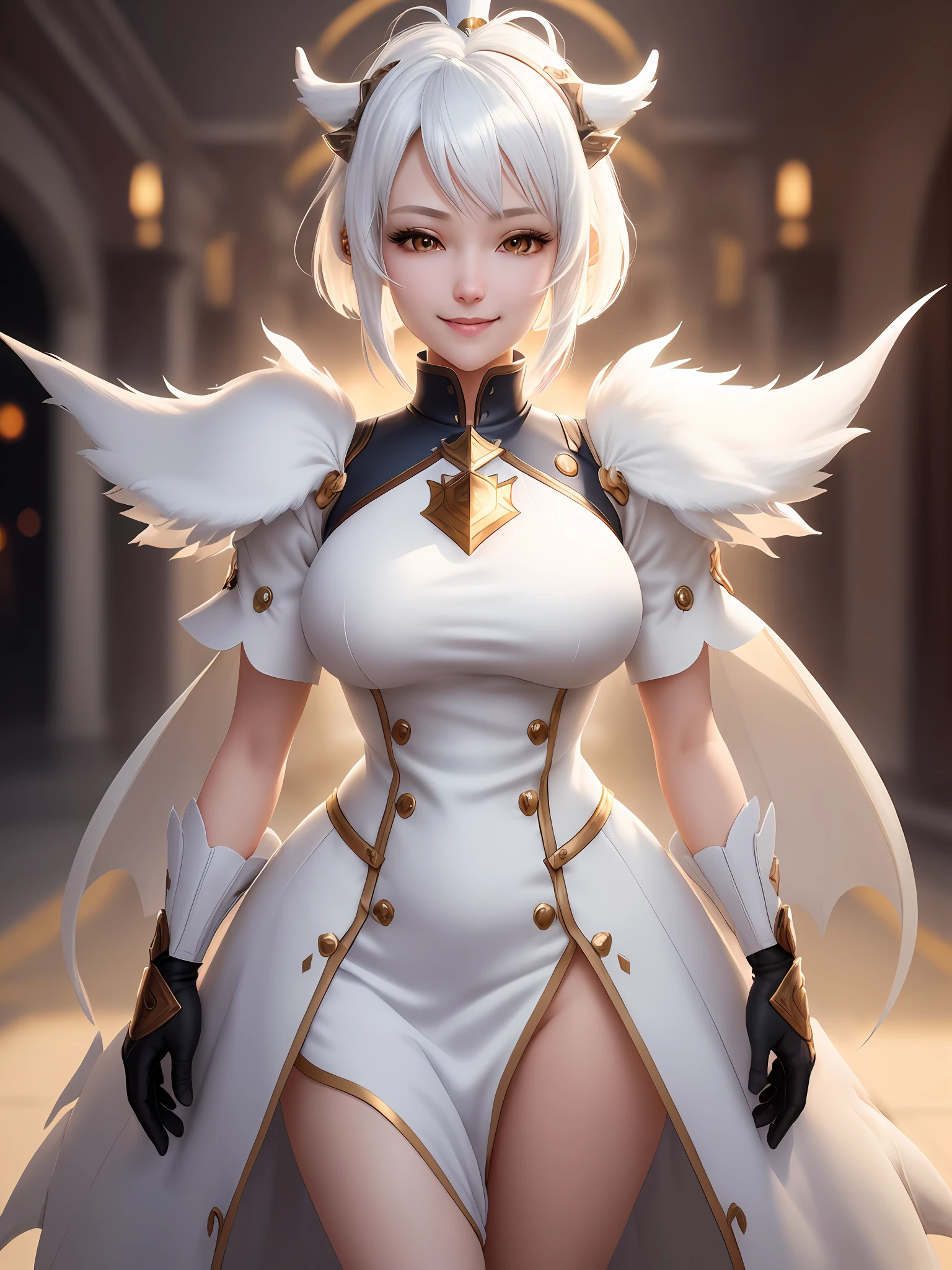 full body, white hair, ((Dragoon:1.2)) ,blunt bang,, masterpiece,best quality,official art,extremely detailed CG unity 8k wallpaper,1girl, ultra high res, (photorealistic:1.4), golden hour lighting, sweater dress,(upper body), (aegyo sal:1), (platinum short hair:0.8), ((puffy eyes)), looking at viewer, facing front, smiling, laughing,medium breasts, shirtlift, gloves,short hair,