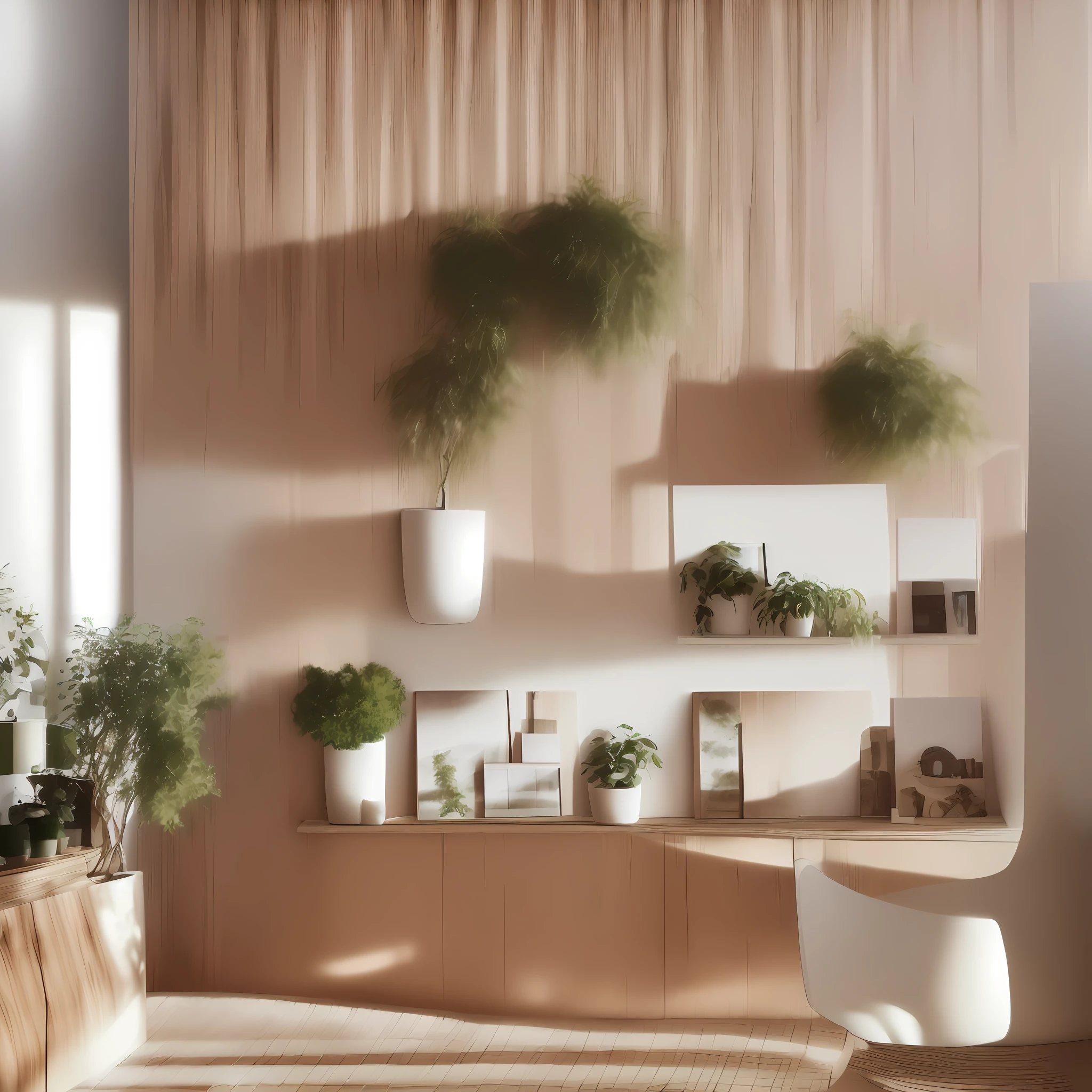 ((photo realistic)), ((interior design)), ((modern)) and ((ecological)), ((moodboard)), ((architecture photography)), dynamic perspective, dynamic angle, natural lighting&gt;artificial lighting , some plants, ((wooden furniture:1.2|\[metal furniture\]:0.8)), ((brick wall:1.1),(white wall),(lots of natural light)), spacious living area , earthy colors, ((no people)), just furniture and plants.