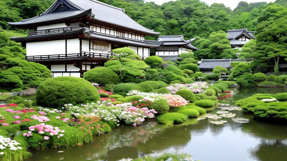 The view from the bridge, below is an old village, a flower garden, and a small pond, people in daily life, Japan, early