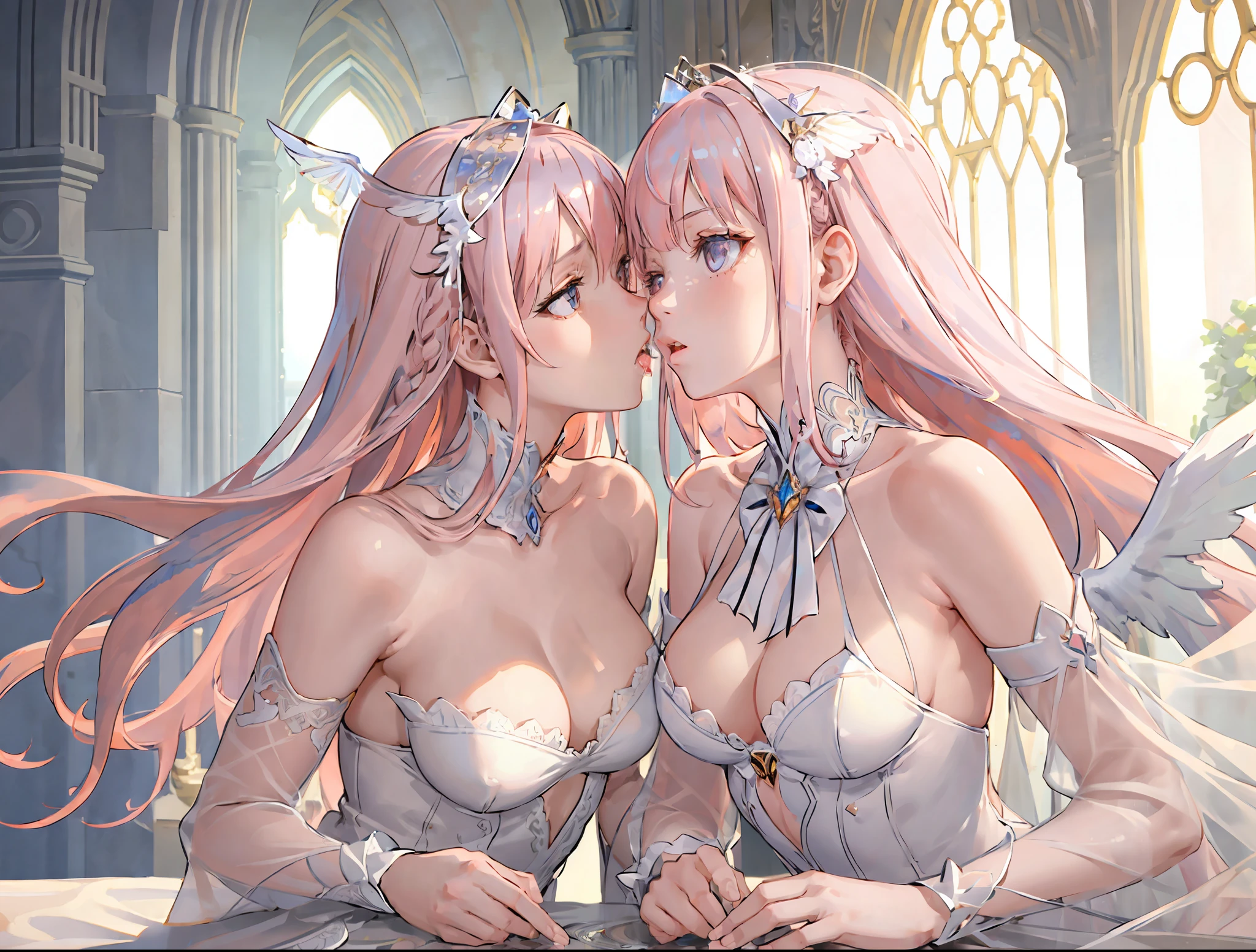 (((masterpiece))), ((best quality)), ((ultra-detailed)), ((illustration)), dynamic angle, an extremely delicate and beautiful, (((extremely delicate and beautiful girls))), (((2girls))), ((((french kissing)))), (saliva), (((((detailed one-wing angel))))), (cathedral), (((extremely detailed silver hair))), (((extremely detailed pink hair))), ((jump into)), (((looking at each other))), detailed cloth, (((upper body))), ((both detailed faces)), highres, extremely detailed CG unity 8k wallpaper, ((extremely detailed beautiful eyes)), game cg, absurdres, delicate composition, ray tracing, HDR, shiny skin, ultimately-detailed, floating hair, lens flare, glitter, confused, half opening eyes