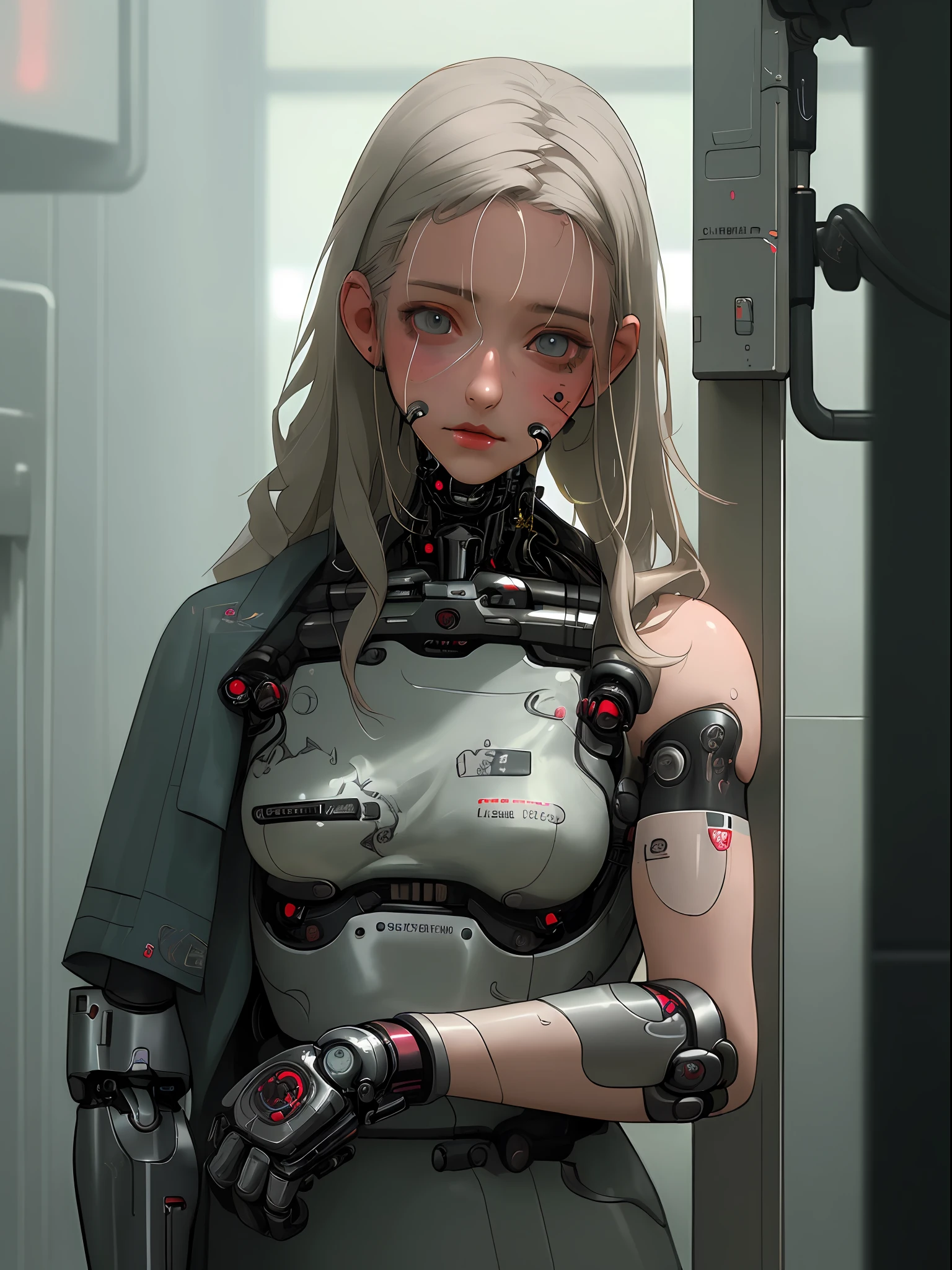 /nsfw (((masterpiece))), movie, realistic, high quality, high detail, correct anatomy, cyberpunk, hospital, intensive care unit, teenage girl, thin, gray hair, asymmetrical hair, (cybernetic prosthetic left arm), highly detailed face and beautiful eyes, full length