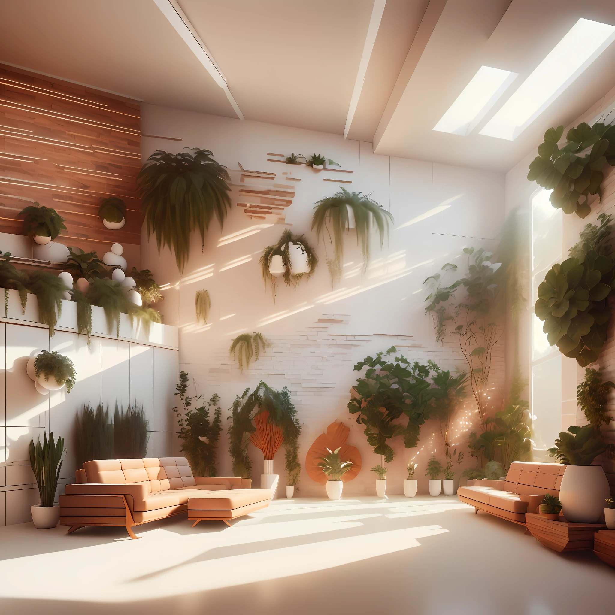 ((photo realistic)), ((interior design)), ((modern)) and ((ecological)), ((moodboard)), ((architecture photography)), dynamic perspective, dynamic angle, natural lighting&gt;artificial lighting , some plants, ((wooden furniture:1.2|\[metal furniture\]:0.8)), ((brick wall:1.1),(white wall),(lots of natural light)), spacious living area , earthy colors, ((no people)), just furniture and plants.