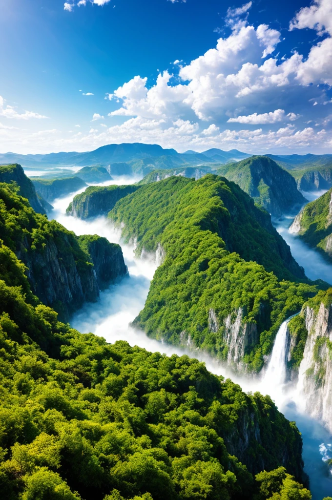 Masterpiece, ultimate quality, Cg unity 8k wallpaper, super delicate, beautiful sky and clouds, rich natural scenery, cliffs, lakes and rivers, waterfalls and flying water, beautiful green mountains, no trace of people, excellent scenery, has already won a photo contest, background Blurring, full depth of field, HDR high dynamics, true restoration, intricate, extreme details, dramatic presentation, perfectly presenting the style of midjourney art.