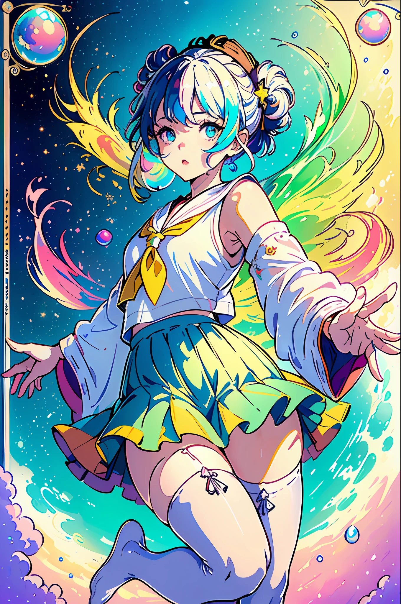 masterpiece), (best quality), (official art, extremely detailed CG unity 8k wallpaper), (highly detailed), ((absurdres)), 1girl, mid shot, (exquisite facial features),(serafuku:1.3) ((sfw)),((clear hands)), ((white thighhighs without shoes)),aqua eyes, color contact lenses, stars in the eyes, (((colorful bubble))), colourful glass, (album cover)