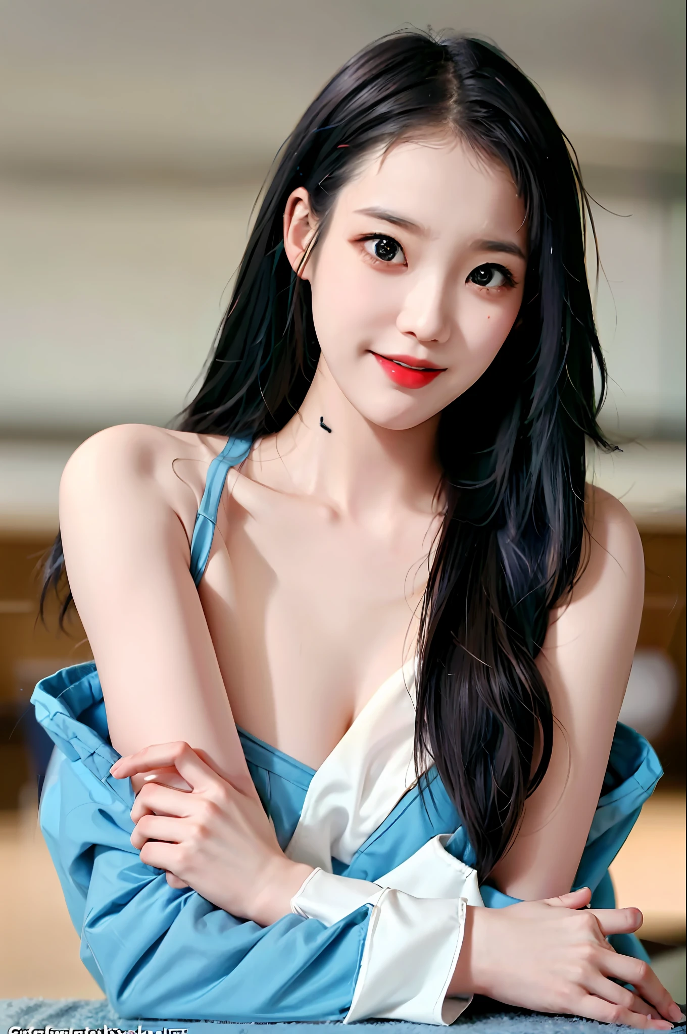 Korean girl, black hair, older sister, putting her hair in a ponytail and smiling to the narrator, high definition picture, masterpiece, (beautiful girl, cafe, seductive, virgin, sexy), (secretary), coquettish smile, coquettish woman, school uniform ,school uniform, senior, sister, student, shorts,