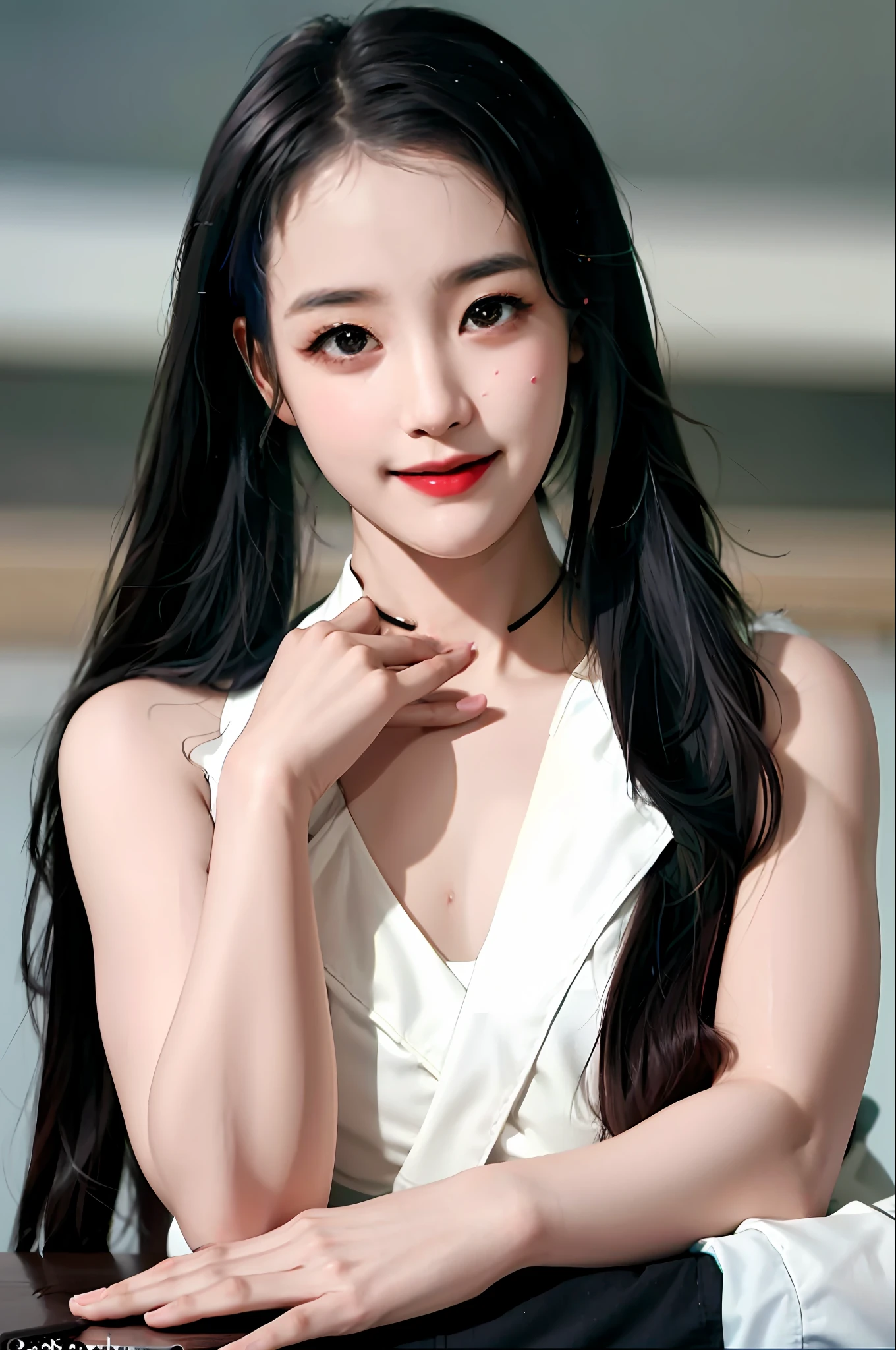 Korean girl, black hair, older sister, putting her hair in a ponytail and smiling to the narrator, high definition picture, masterpiece, (beautiful girl, cafe, seductive, virgin, sexy), (secretary), coquettish smile, coquettish woman, school uniform ,school uniform, senior, sister, student, shorts,