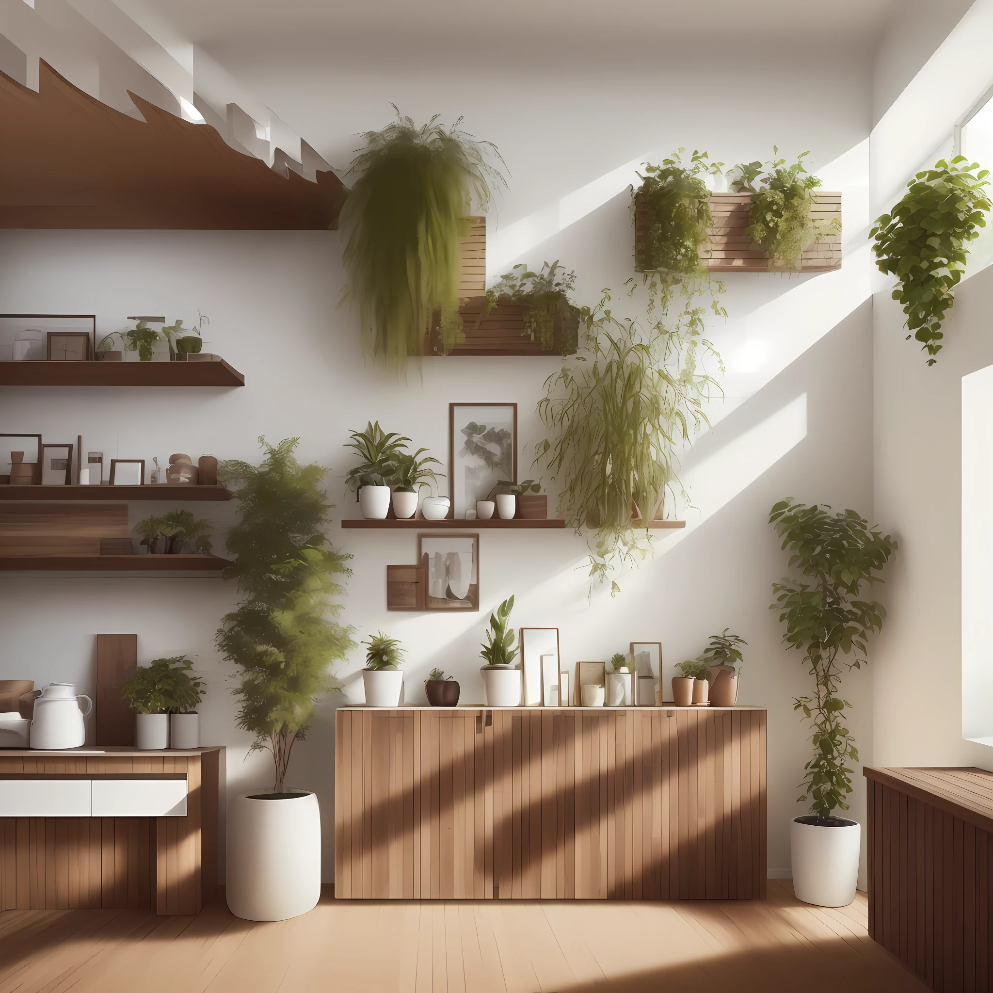 ((photo realistic)), ((interior design)), ((modern)) and ((ecological)), ((moodboard)), ((architecture photography)), dynamic perspective, dynamic angle, natural lighting&gt;artificial lighting , some plants, ((wooden furniture:1.2|\[metal furniture\]:0.8)), ((brick wall:1.1),(white wall),(lots of natural light)), spacious living area , earthy colors, ((no people)), just furniture and plants.