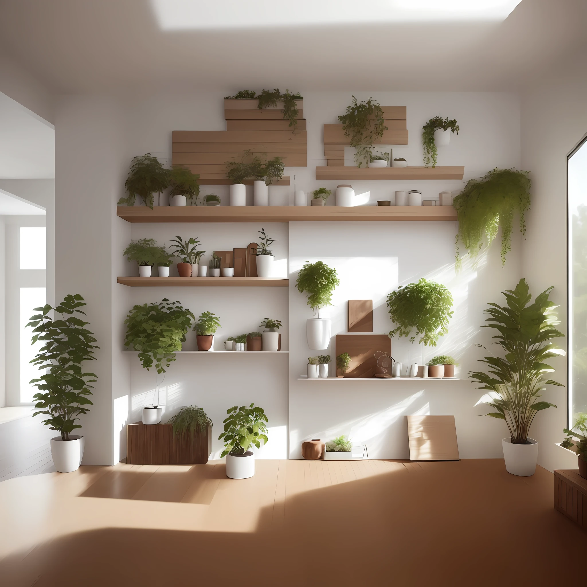 ((photo realistic)), ((interior design)), ((modern)) and ((ecological)), ((moodboard)), ((architecture photography)), dynamic perspective, dynamic angle, natural lighting&gt;artificial lighting , some plants, ((wooden furniture:1.2|\[metal furniture\]:0.8)), ((brick wall:1.1),(white wall),(lots of natural light)), spacious living area , earthy colors, ((no people)), just furniture and plants.