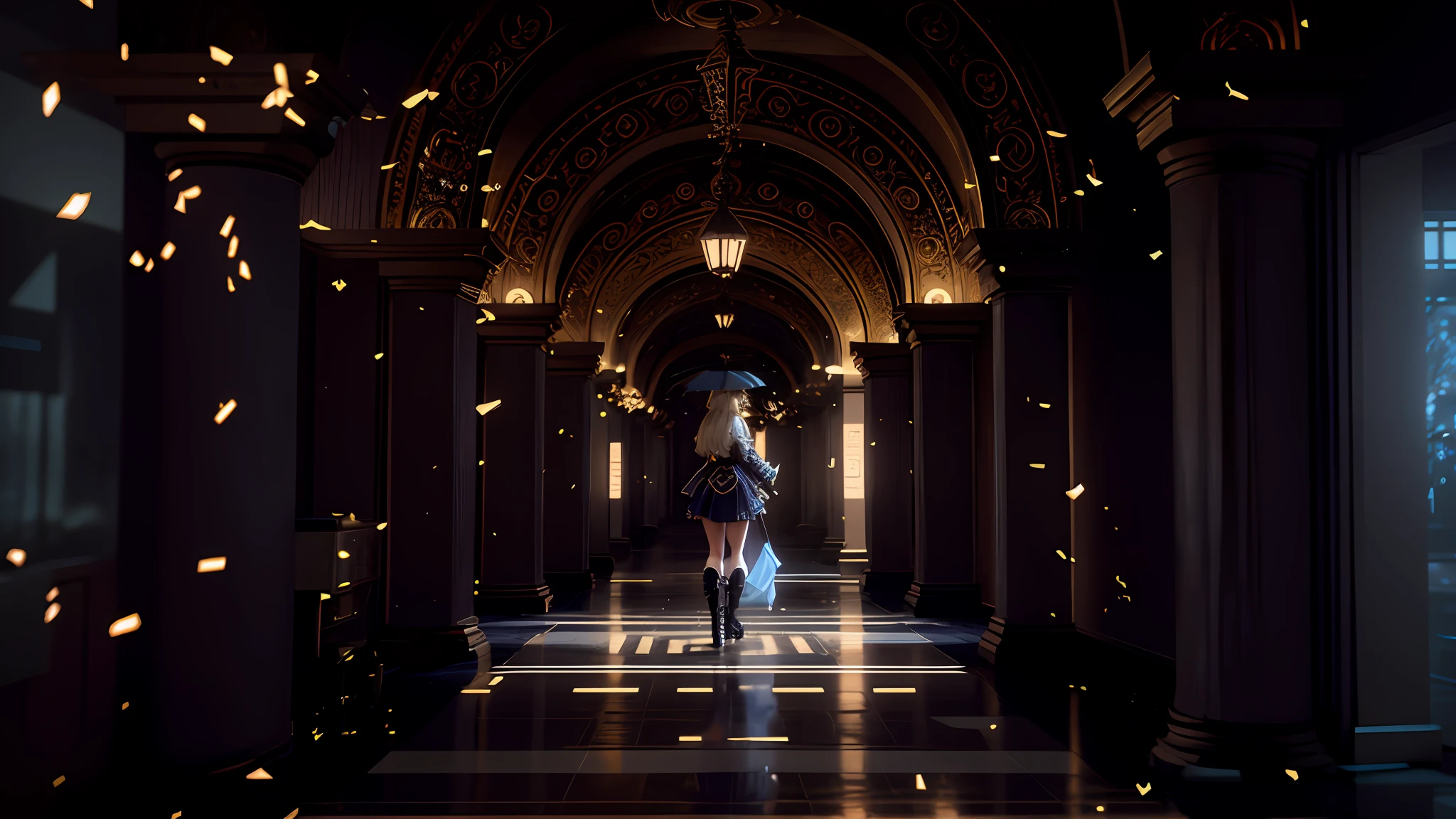 there is a woman standing in a hallway with a umbrella, unreal engine. retro film still, square enix cinematic art, cinematic shot ar 9:16 -n 6 -g, detailed cinematic render, still from a music video, cinematic render, cinematic goddess shot, fantasy style 8 k octane render, cinematic contrasted lighting, unreal engine. film still, cooln pose