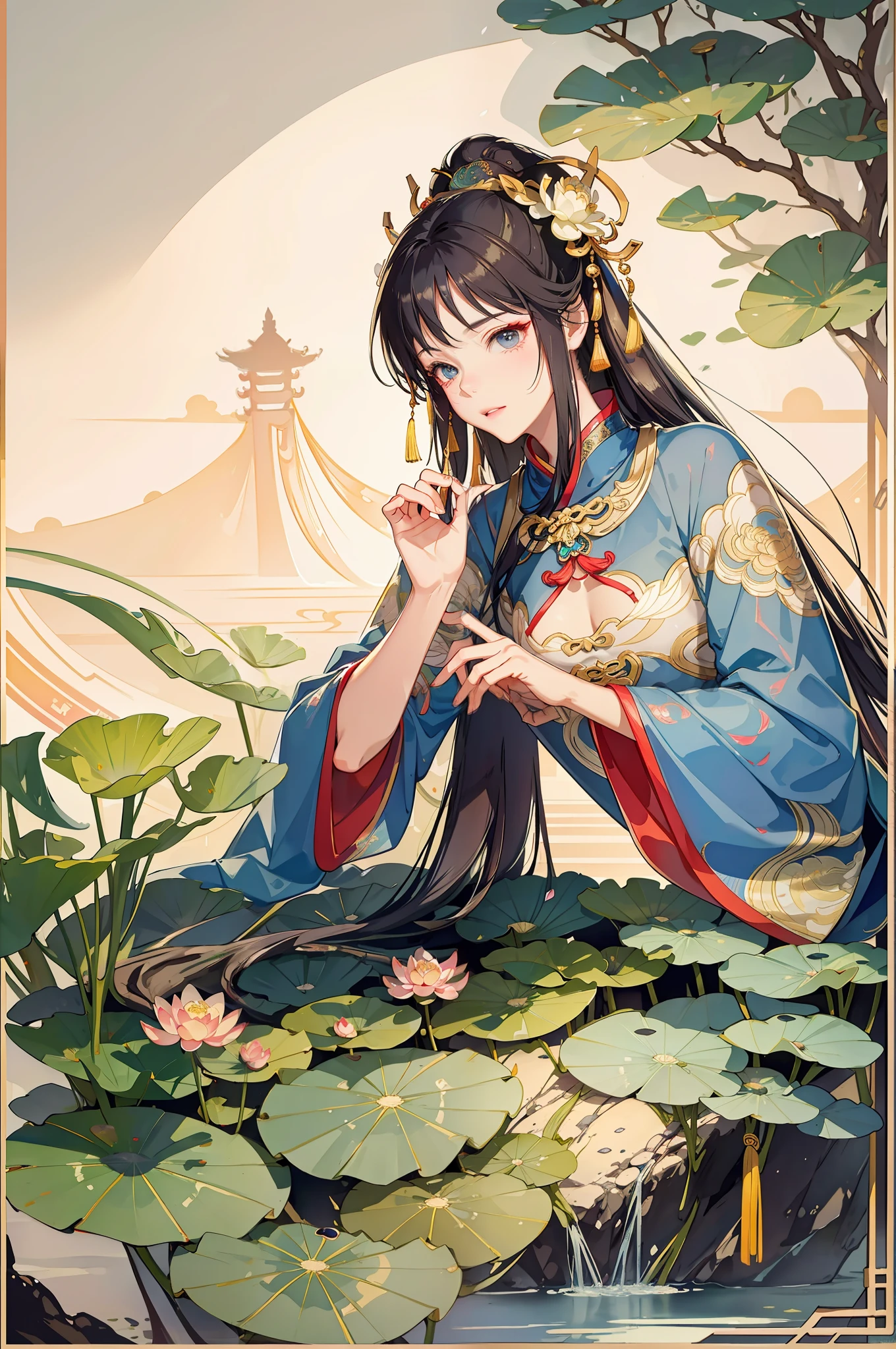 An ancient Chinese beauty sitting on a stone, wearing ancient Chinese clothing, flowing tulle, light silk, lazy posture, large lotus leaf, lotus, ink painting style, clean color, decisive cutting, blank, freehand, masterpiece, super detailed, epic composition, high quality, the highest quality, 4k --v 6