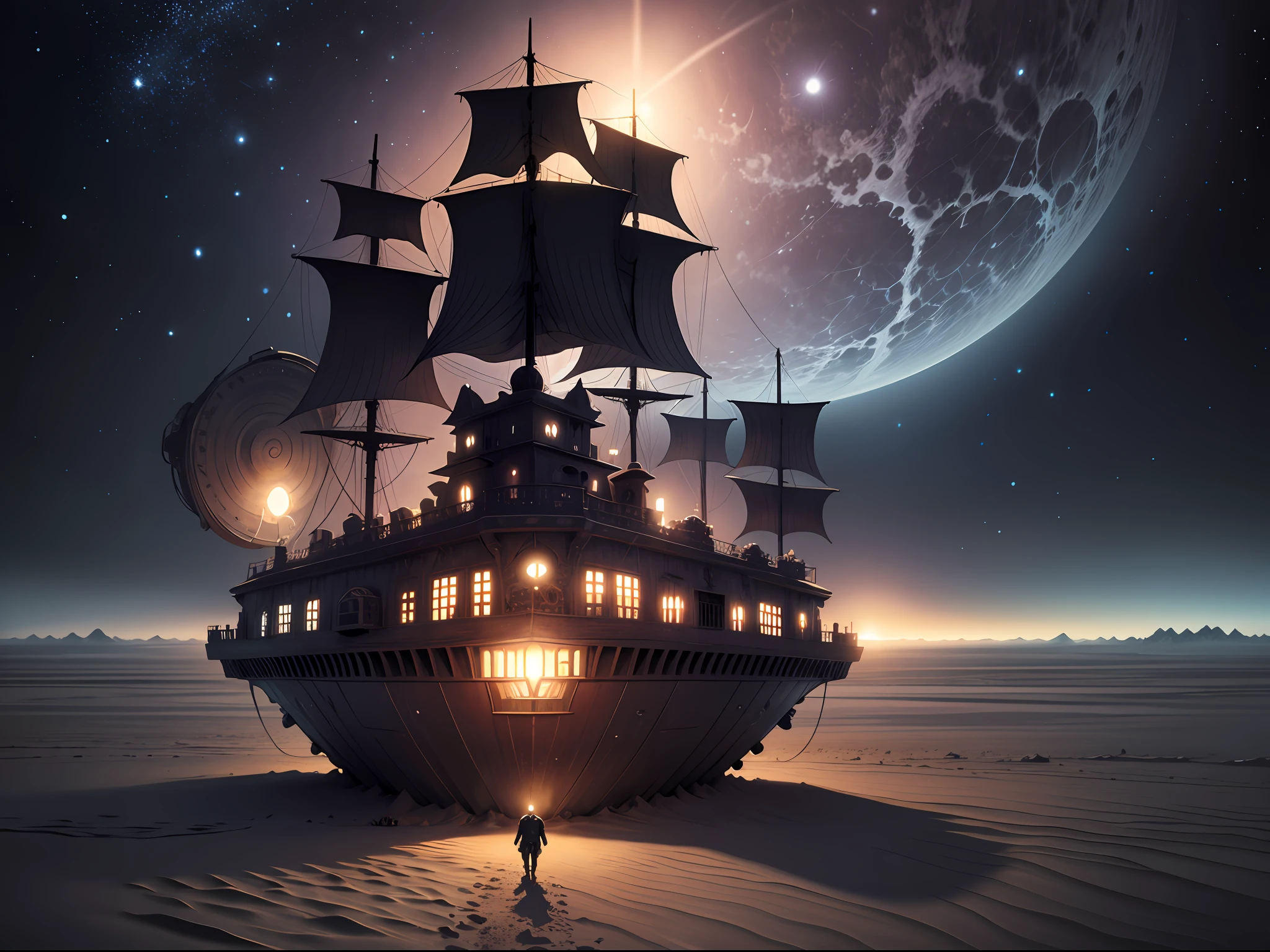 lovecraft style sp4c3 ship, orbiting, floating, desert