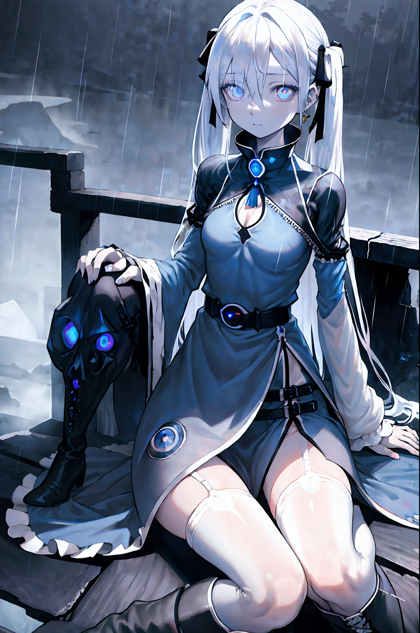 Blue crystal lantern,cowboy shot,(hollow eyes:1.5),(expressionless eyes:1.3),
///
incredibly_absurdres, highly detailed, refined rendering, illustration, (highres), original, cinematic angle, night,solo,
selfiemirror, 1girl, small_breasts, shaded face, beautiful detailed face, black eye makeup, beautiful detailed eyes, blue eyes, black furrows under the eyes, sliver and blue chinese dress, cross ribbon, buckle belt, exquisite clothes, twintails, (white hair), multicolored hair, ringlets, Band-aid, earring, (hair ribbon),
cyberpunk street, rain,white stocking,martin boots,full body,sitting,