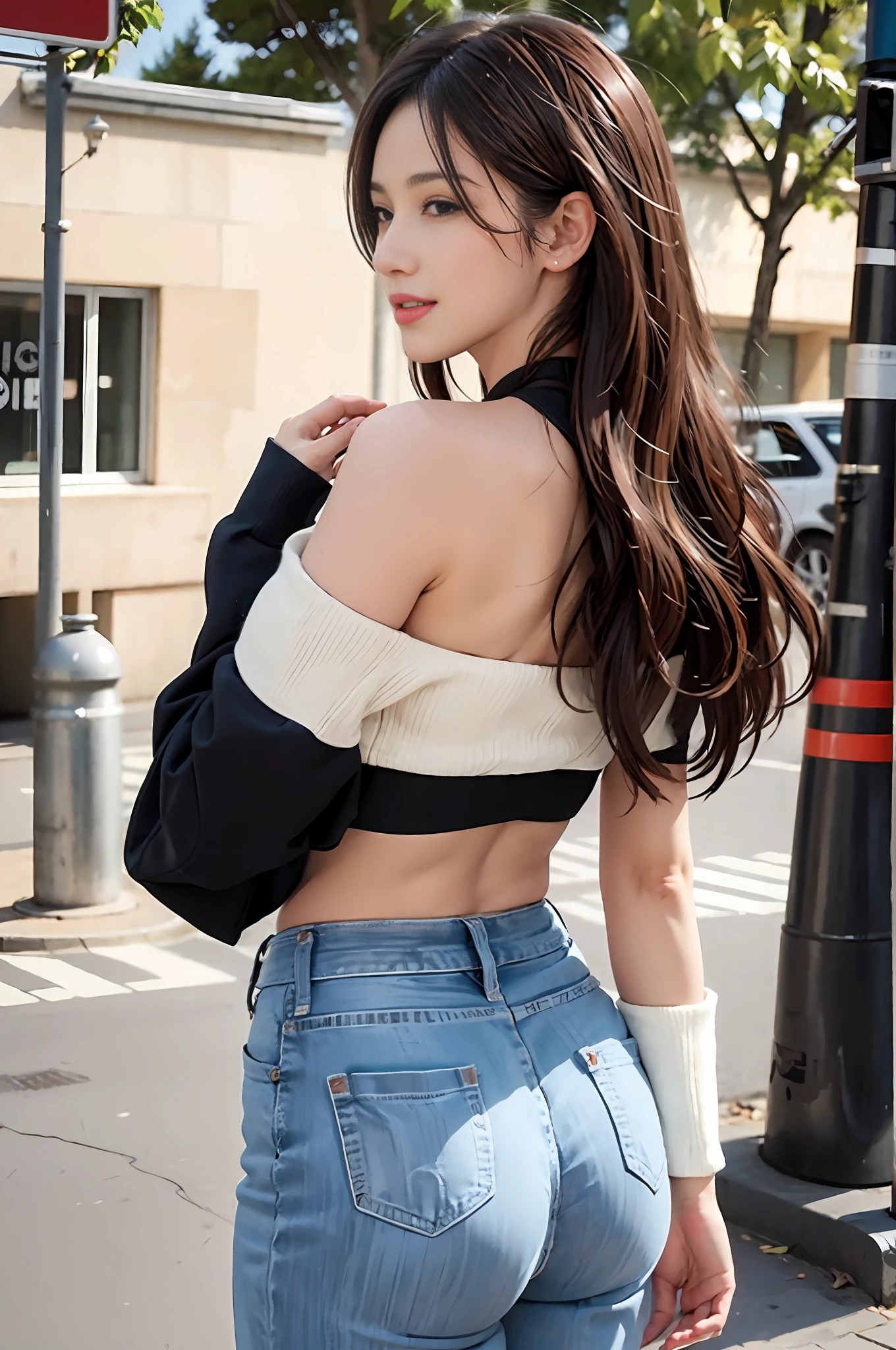"1 girl, (from the back), ((from below)), looking back and smiling, has brown hair, beautiful buttocks, buttocks, wearing fashionable clothes, the background is the street. Pay attention to the details of the picture, emphasizing the sense of reality. This This official Art Unreal 8k wallpaper is a masterpiece of ultra-detailed, beautiful aesthetics, of the highest quality. The use of dynamic angles showcases the elegance and romanticism of the image."