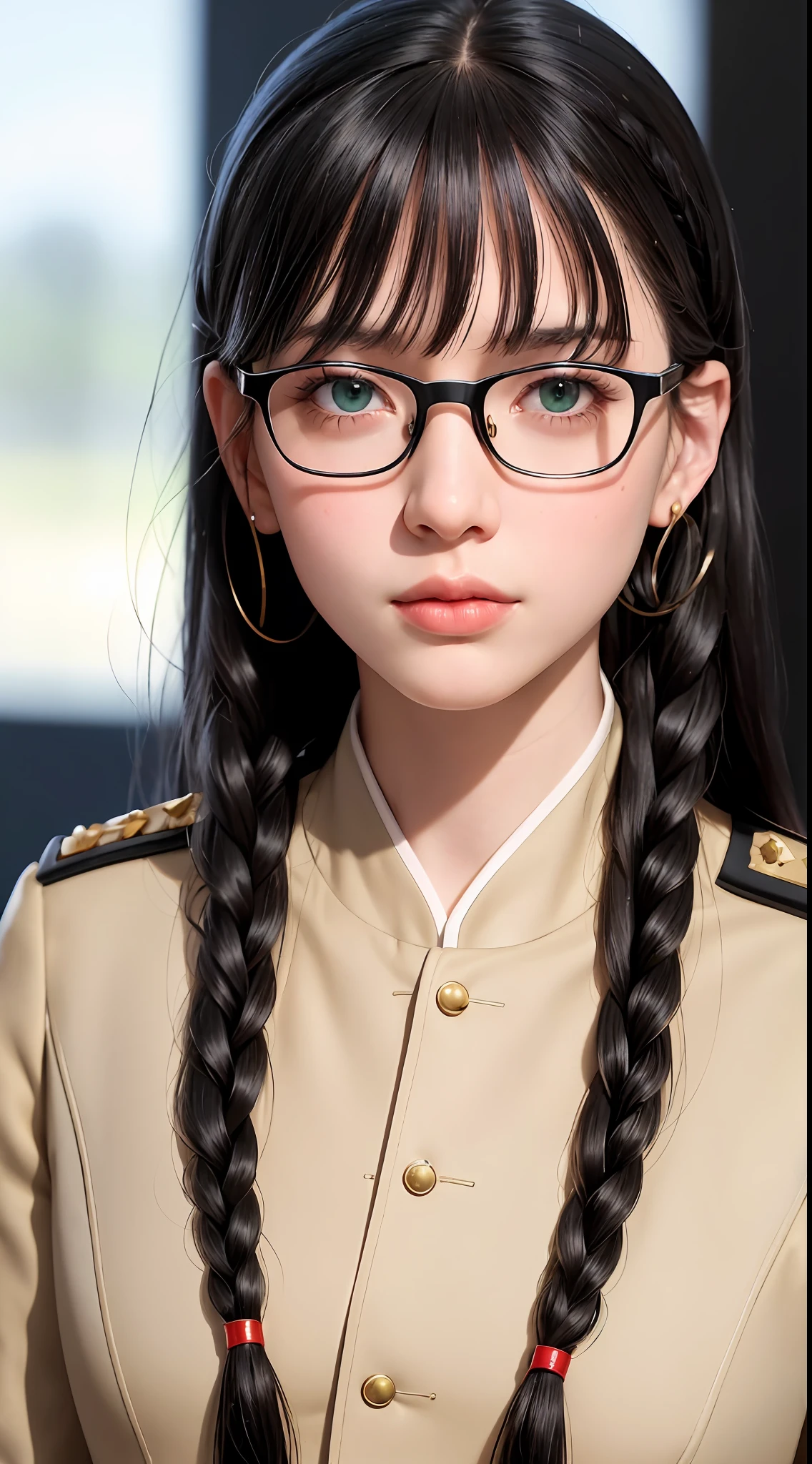 Modest outfit, remote shot, detailed beautiful delicate face, detailed beautiful delicate eyes, perfect facial proportions, high-definition skin, fine skin, four-inch best ratio. With one thumb, a masterpiece, highly detailed, realistic, (World War II German general uniform reference : 1.8), the highest face resolution, adult, modestly dressed woman, dressed entirely, ( small, black hair, black straight bangs, super fine braids, straight bangs, red glasses, dark green eyes), future, science fiction, fighter plane, standing On the landing of a fighter plane, the government agency, a deep intelligent personality, a calm expression, a respectful face, a war, a fighter plane