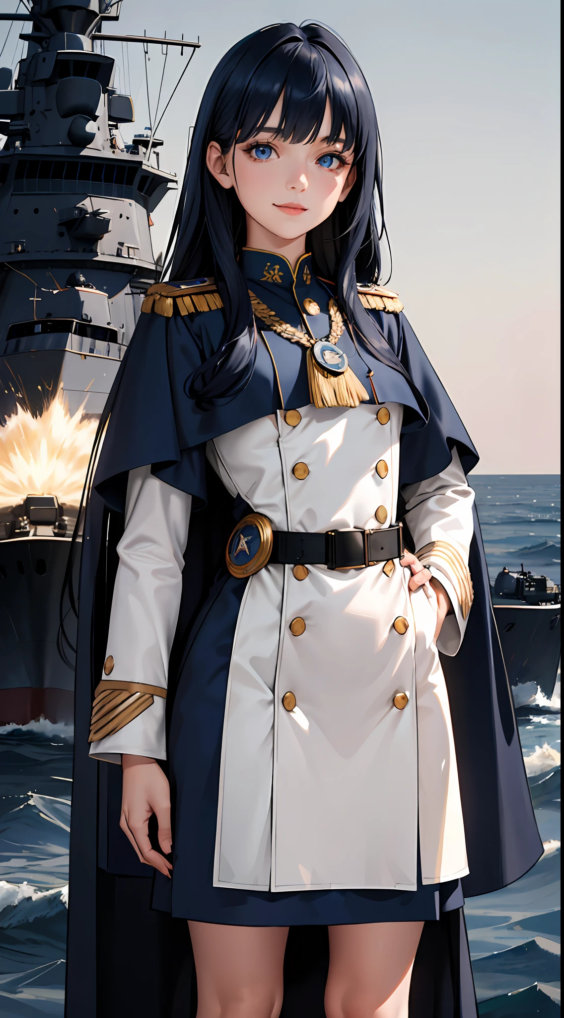 Modest outfit, remote shot, detailed beautiful delicate face, detailed beautiful delicate eyes, perfect facial proportions, high-definition skin, fine skin, four-inch best ratio. With one thumb, masterpiece, highly detailed, realistic, (WWII German naval general uniform reference : 1.8), highest facial resolution, 26 years old, modestly dressed woman, covertly dressed. ,( small, dark blue hair, long hair and super detailed bangs, dark blue eyes), futuristic, science fiction, warship, standing on a warship, government agency, hilarious personality, smiling face. ,war