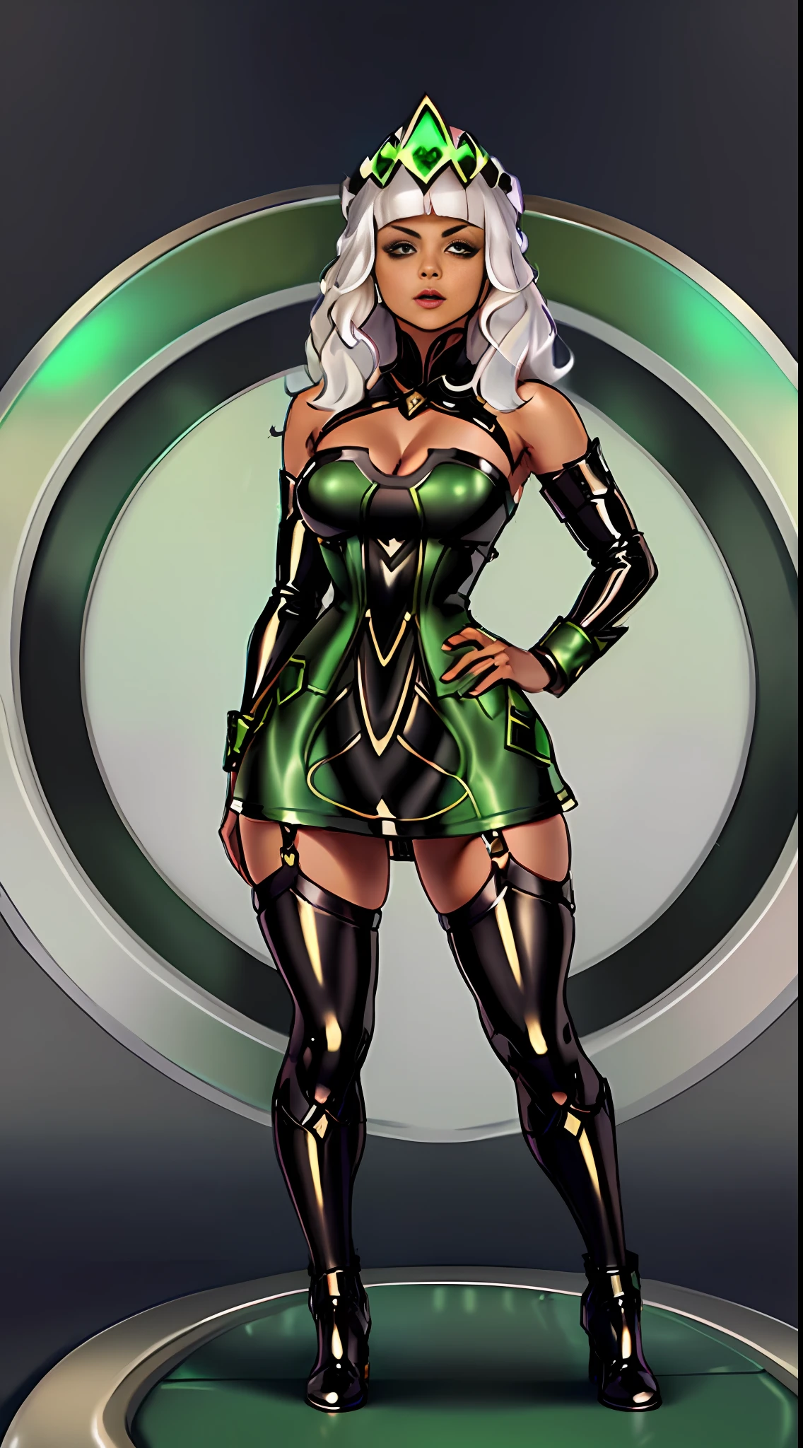 (masterpiece: 1.2, best_quality, intricate_details, high_res, hyper detail, high_detail), 1girl, solo, golden wind, aura, concept art, reference sheet, official art, full body, girl, ,white hair, straight bangs, green eyes, latex dress, modern, big boots, leather boots, dominant, medium bust, bodycon dress, full black dress, mesh sleeves, corset, formal, 20s.