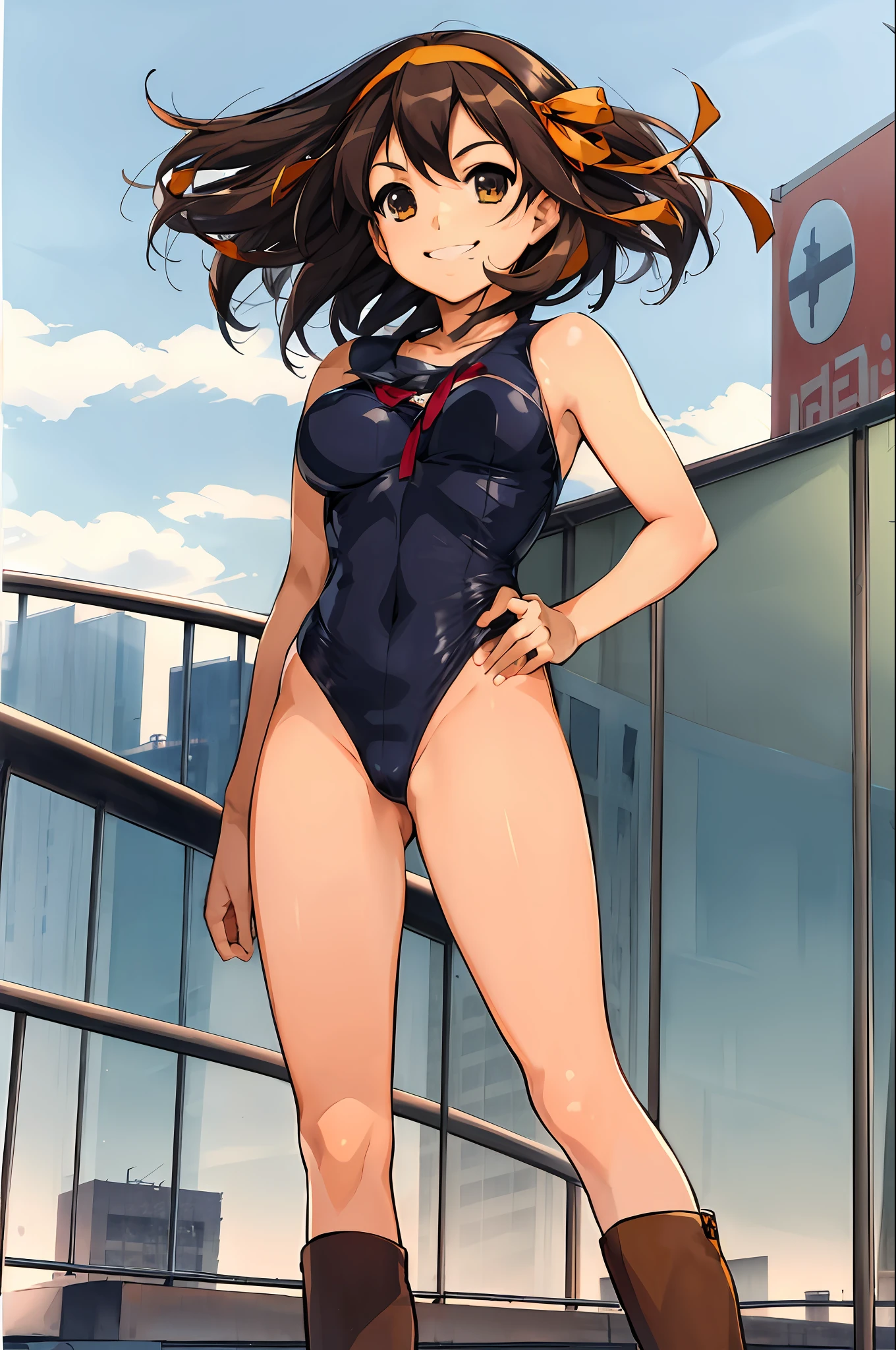masterpiece, best quality, highres, 1girl, suzumiya haruhi, solo, superhero, leotard, bare legs, brown hair, short hair, brown eyes, hairband, medium hair, ribbon, boots, matching boots, medium breasts, cowboy shot, standing, smile, city backdrop,